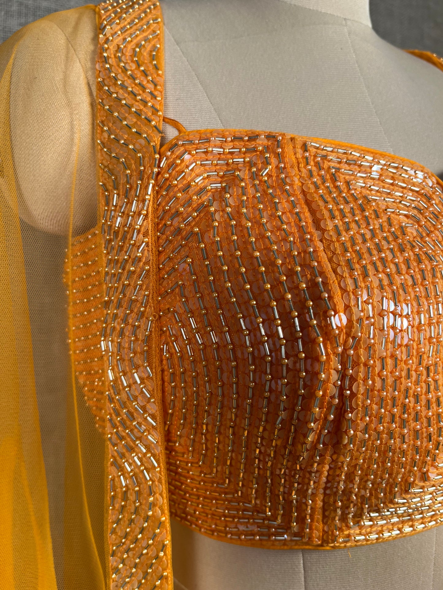 ORANGE COLOUR PALAZZO SET WITH CROP TOP BLOUSE & SHRUG EMBELLISHED WITH SEQUINS & CUTDANA WORK