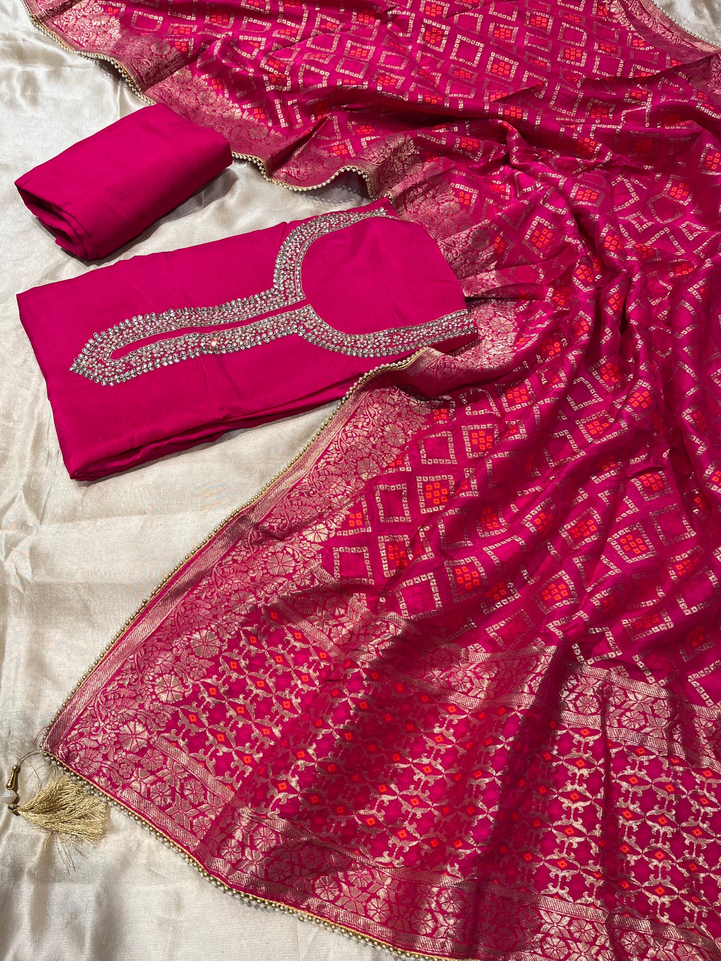 HOT PINK COLOUR DOLA SILK UNSTITCHED SUIT WITH BANARASI DUPATTA EMBELLISHED WITH PEARL & ZARDOZI WORK