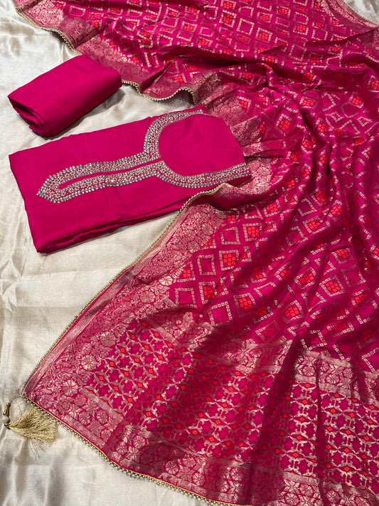 HOT PINK COLOUR DOLA SILK UNSTITCHED SUIT WITH BANARASI DUPATTA EMBELLISHED WITH PEARL & ZARDOZI WORK