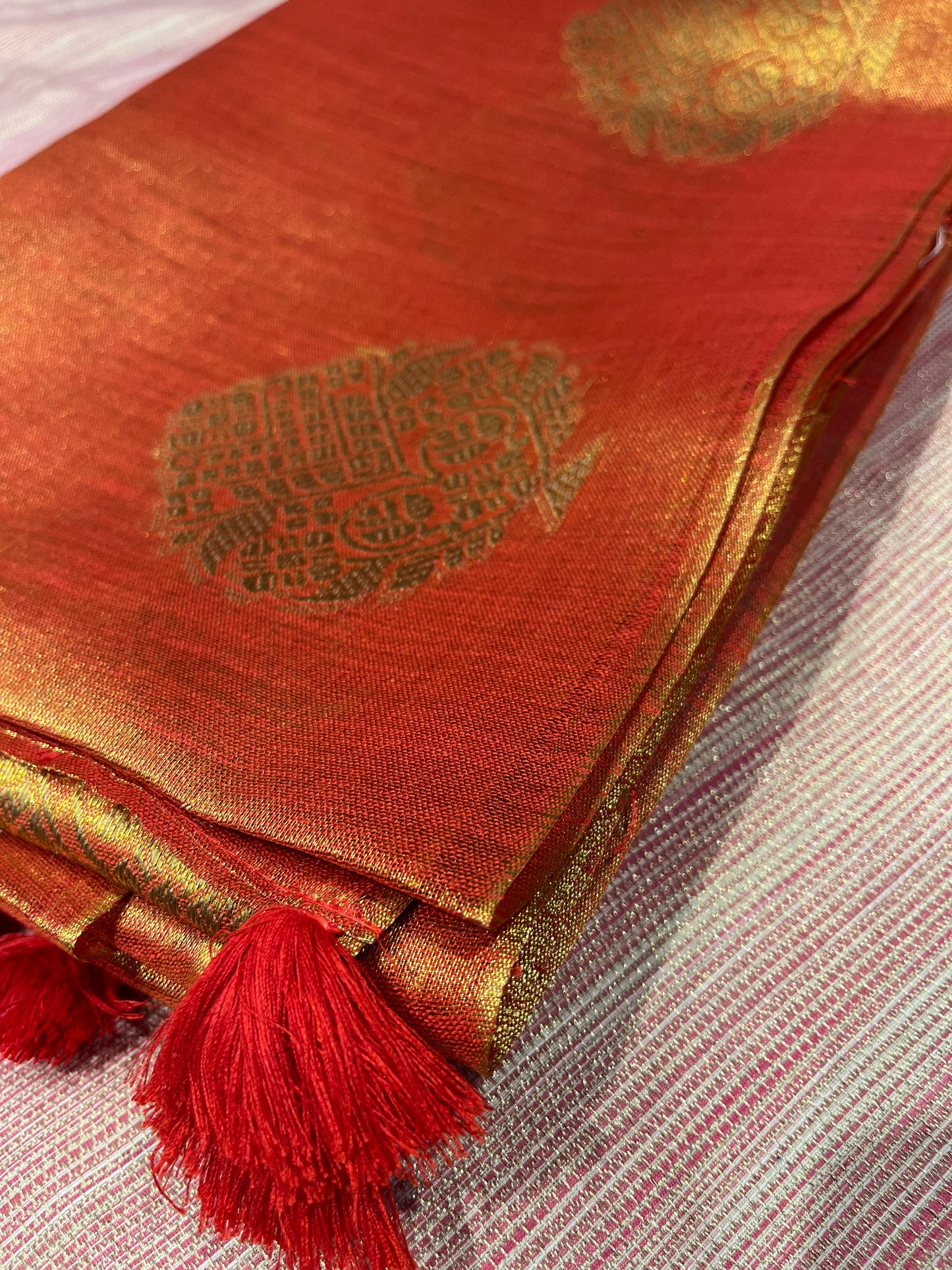 ORANGE COLOUR COTTON TISSUE SAREE WITH ZARI BUTA GIFT SAREE