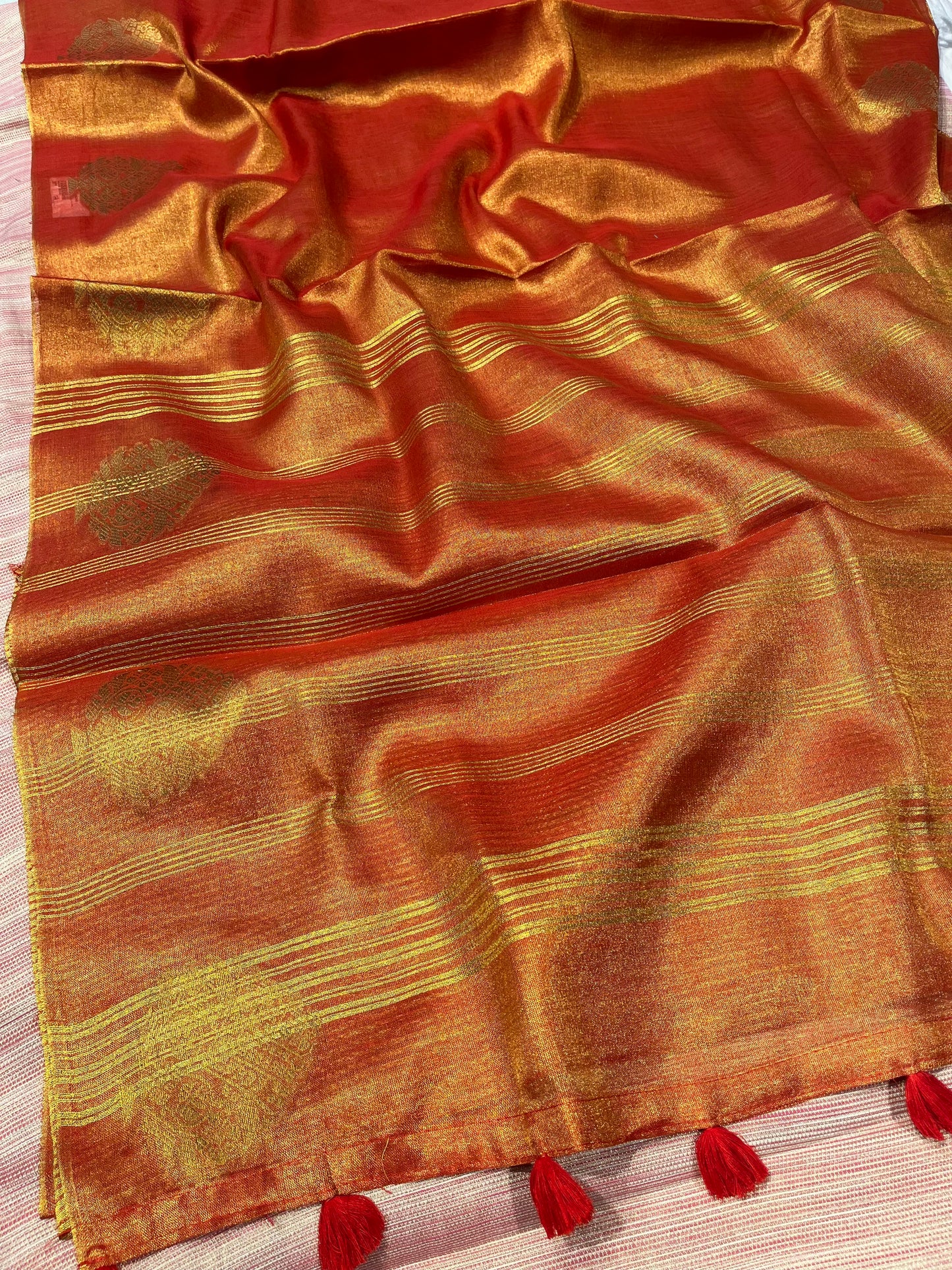 ORANGE COLOUR COTTON TISSUE SAREE WITH ZARI BUTA GIFT SAREE