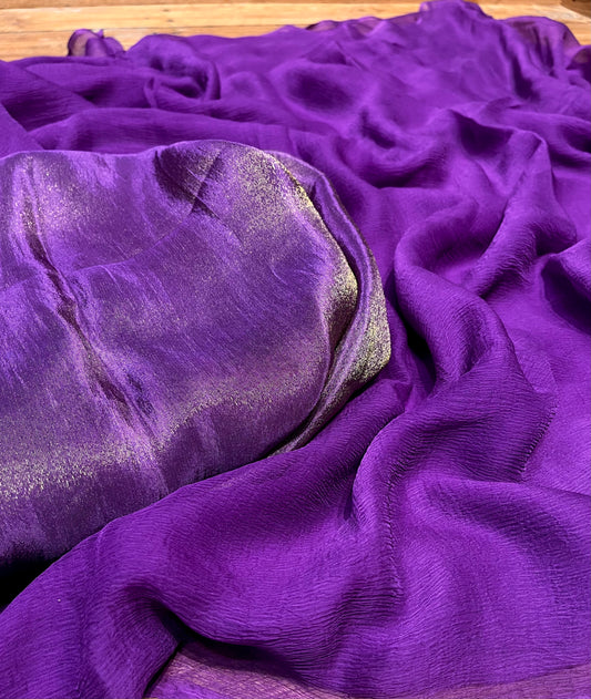 PURPLE COLOUR CHIFFON SAREE WITH CREPE TISSUE UNSTITCHED BLOUSE