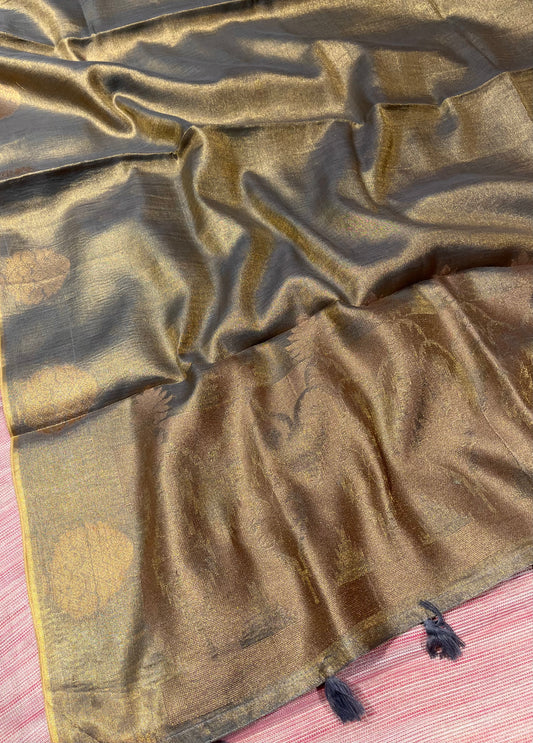 GREY COLOUR COTTON TISSUE GIFT SAREE EMBELLISHED WITH ZARI BUTA