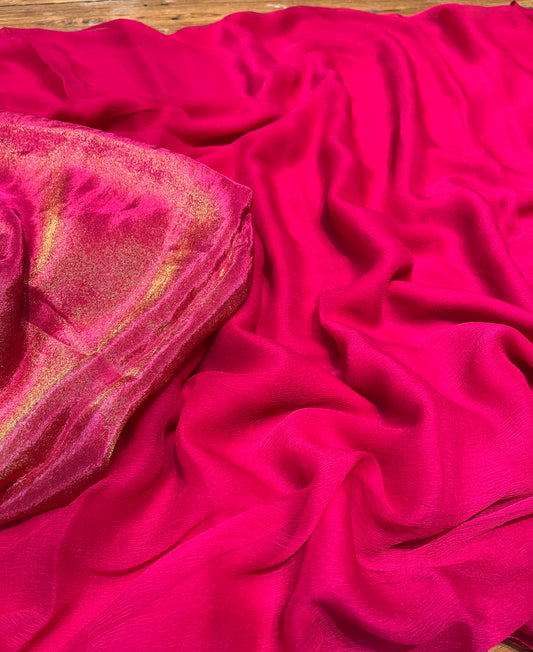 HOT PINK COLOUR CHIFFON SAREE WITH CREPE TISSUE UNSTITCHED BLOUSE - Kothari Sons