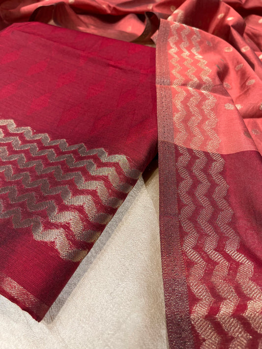 MAROON COLOUR CHANDERI UNSTITCHED SUIT WITH CONTRAST DUPATTA EMBELLISHED WITH ZARI WEAVES WITHOUT BOTTOM