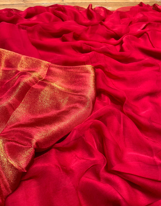 RED COLOUR CHIFFON CREPE TISSUE UNSTITCHED SAREE - Kothari Sons