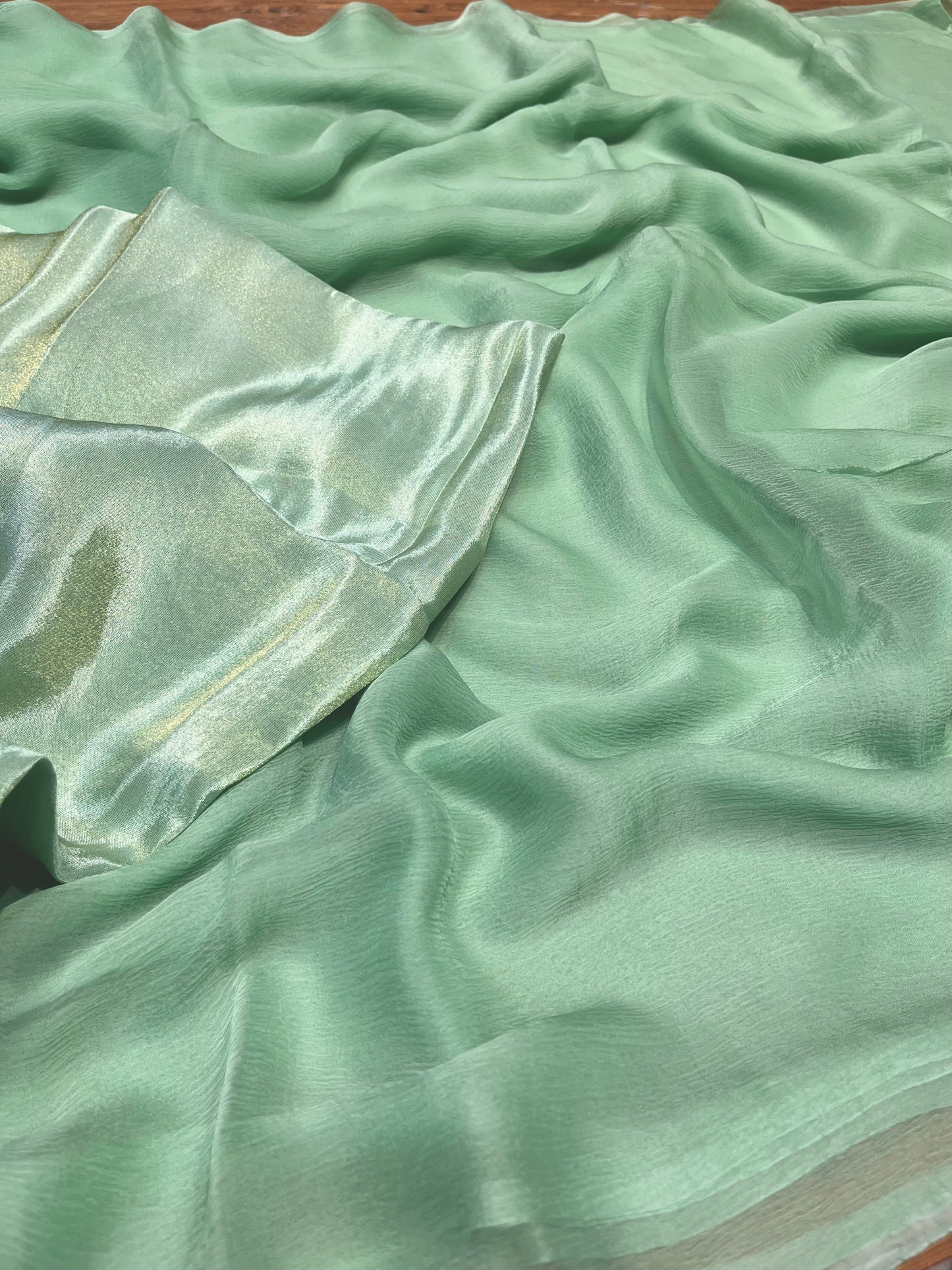 SEA GREEN COLOUR CHIFFON SAREE WITH CREPE TISSUE UNSTITCHED BLOUSE - Kothari Sons