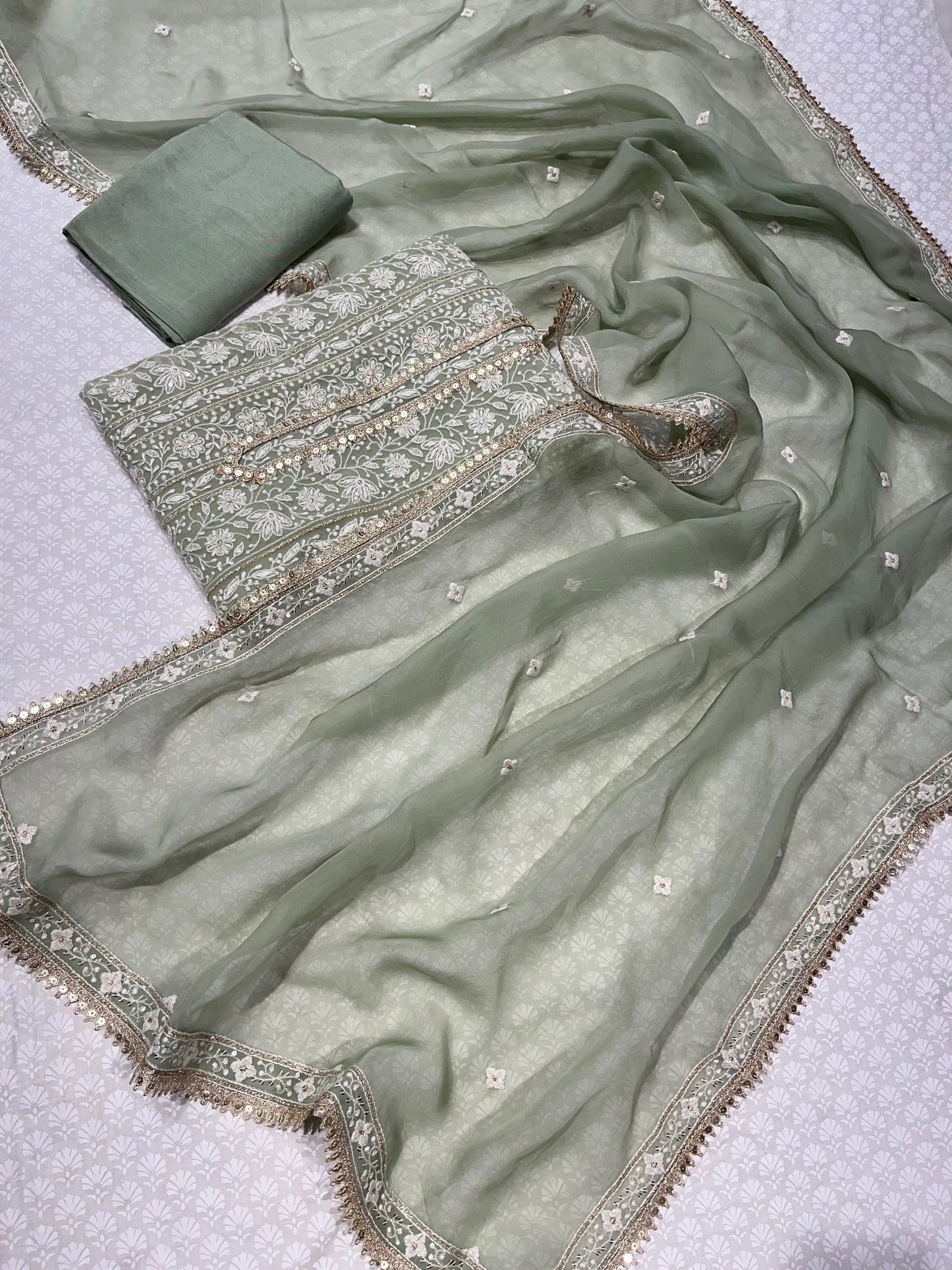 PISTACHIO GREEN COLOUR GEORGETTE EMBROIDERED UNSTITCHED WITH ORGANZA DUPATTA EMBELLISHED WITH RESHAM & SEQUINS WORK