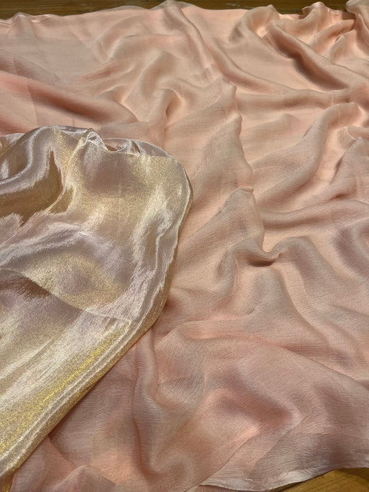 (DELIVERY IN 20 to 25 DAYS)PEACH COLOUR CHIFFON SAREE WITH CREPE TISSUE UNSTITCHED BLOUSE - Kothari Sons
