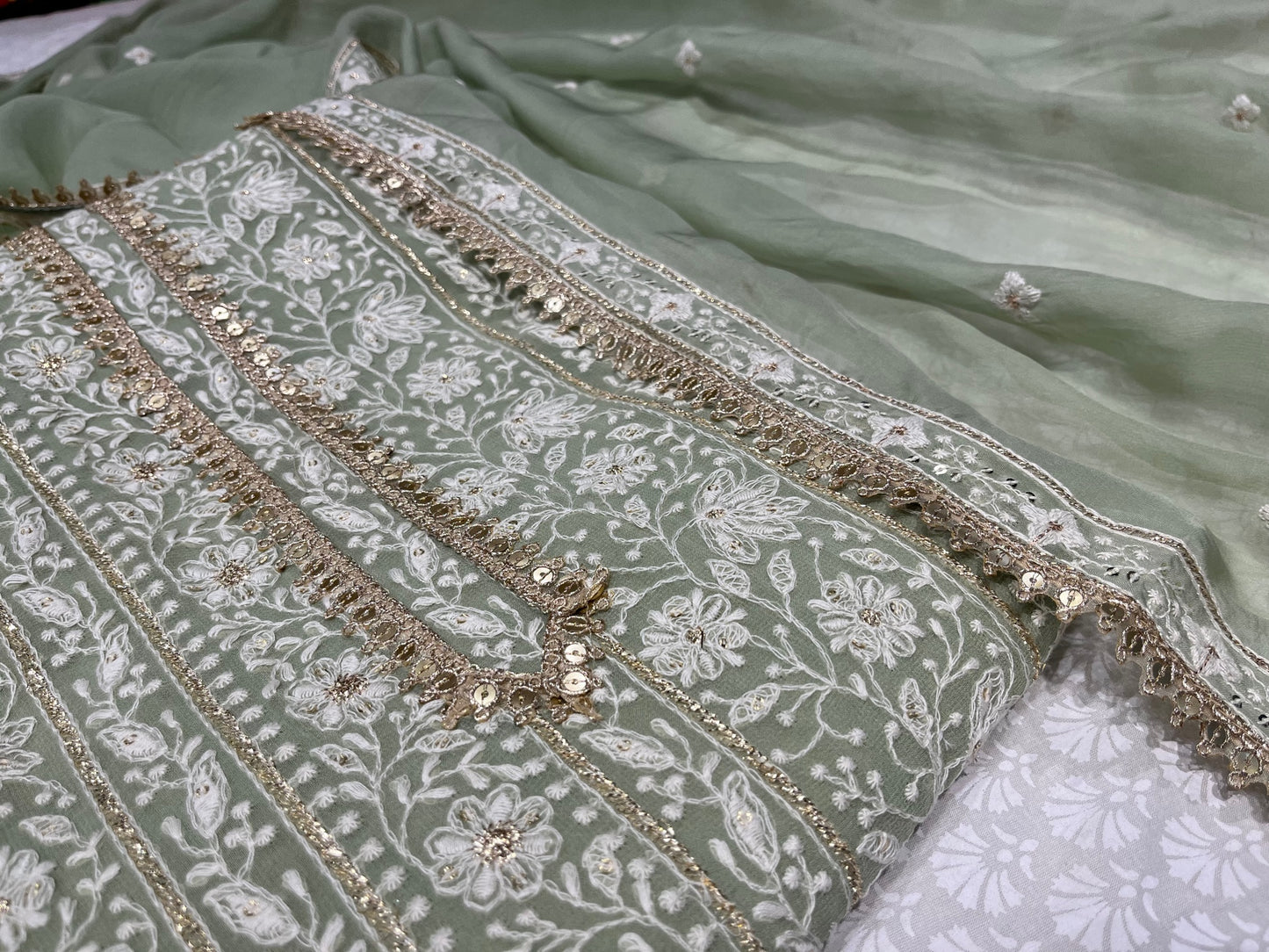 PISTACHIO GREEN COLOUR GEORGETTE EMBROIDERED UNSTITCHED WITH ORGANZA DUPATTA EMBELLISHED WITH RESHAM & SEQUINS WORK
