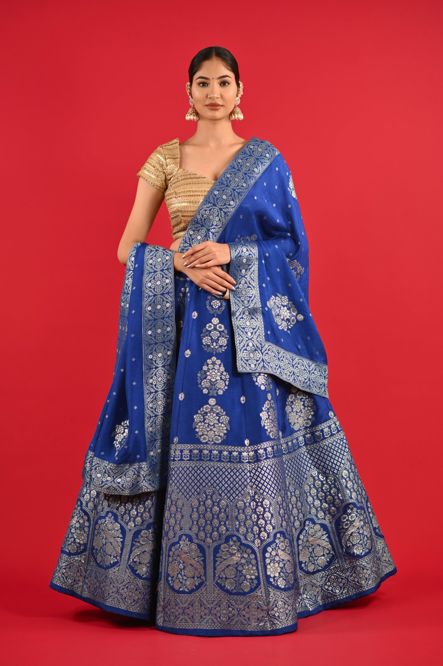( DELIVERY IN 25 DAYS ) BLUE COLOUR BANARASI SILK LEHENGA WITH UNSTITCHED BLOUSE EMBELLISHED WITH ZARI WEAVES
