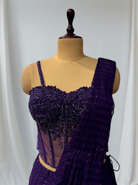 PUPRPLE COLOUR GEORGETTE READYMADE SAREE WITH CORSET- STYLE H HAND EMBROIDERED BLOUSE