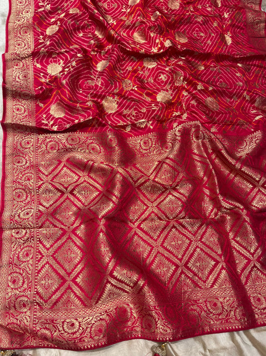 HOT PINK COLOUR BANDHANI DOLA SILK SAREE WITH ZARI BORDER & JAL