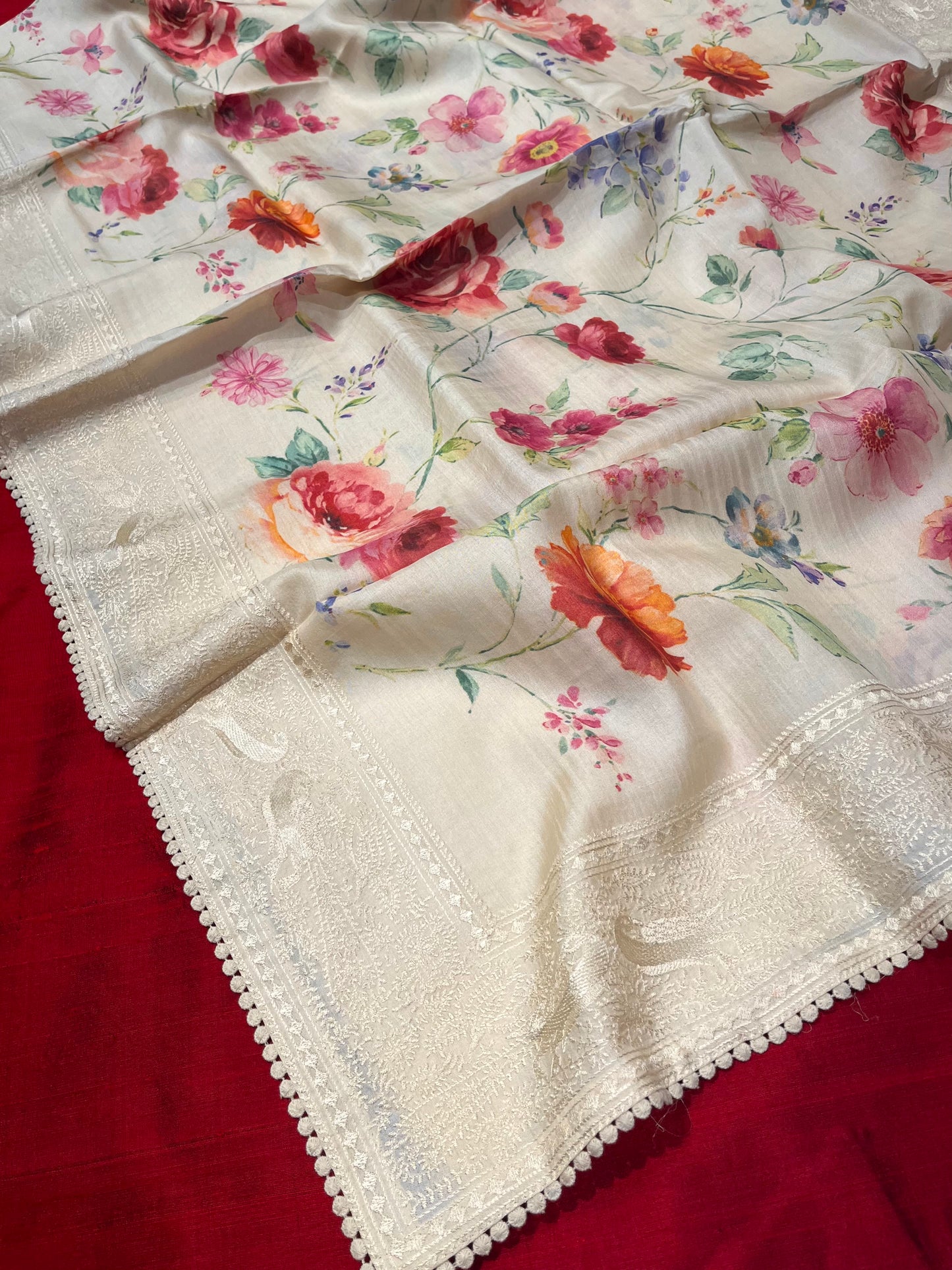 IVORY COLOUR PURE TUSSAR SILK SAREE WITH RESHAM EMBROIDERED BORDER