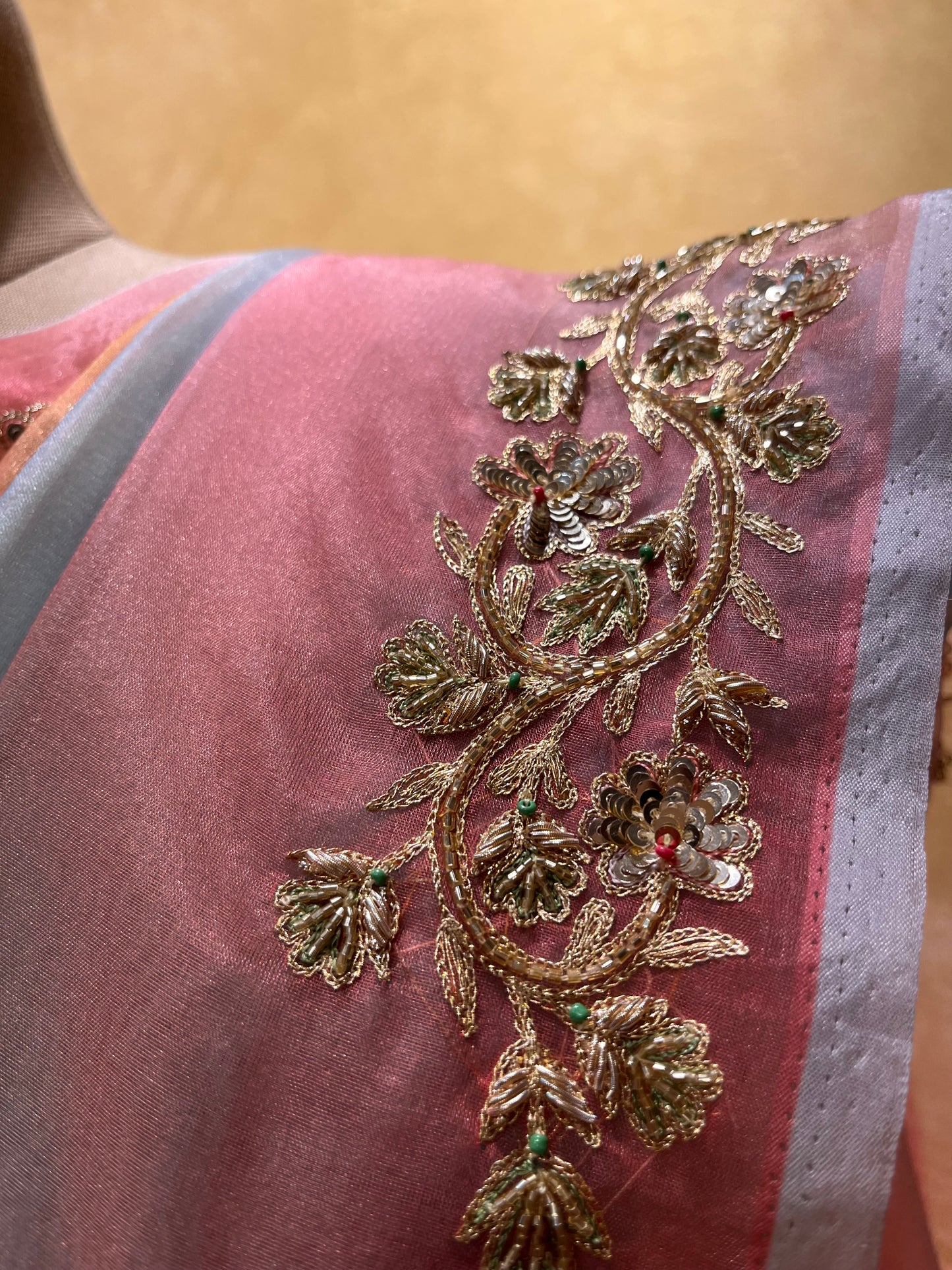 ( DELIVERY IN 25 DAYS ) OMBRE DYE ORGANZA HAND EMBROIDERED SAREE EMBELLISHED WITH AARI, CUTDANA & SEQUINS WORK