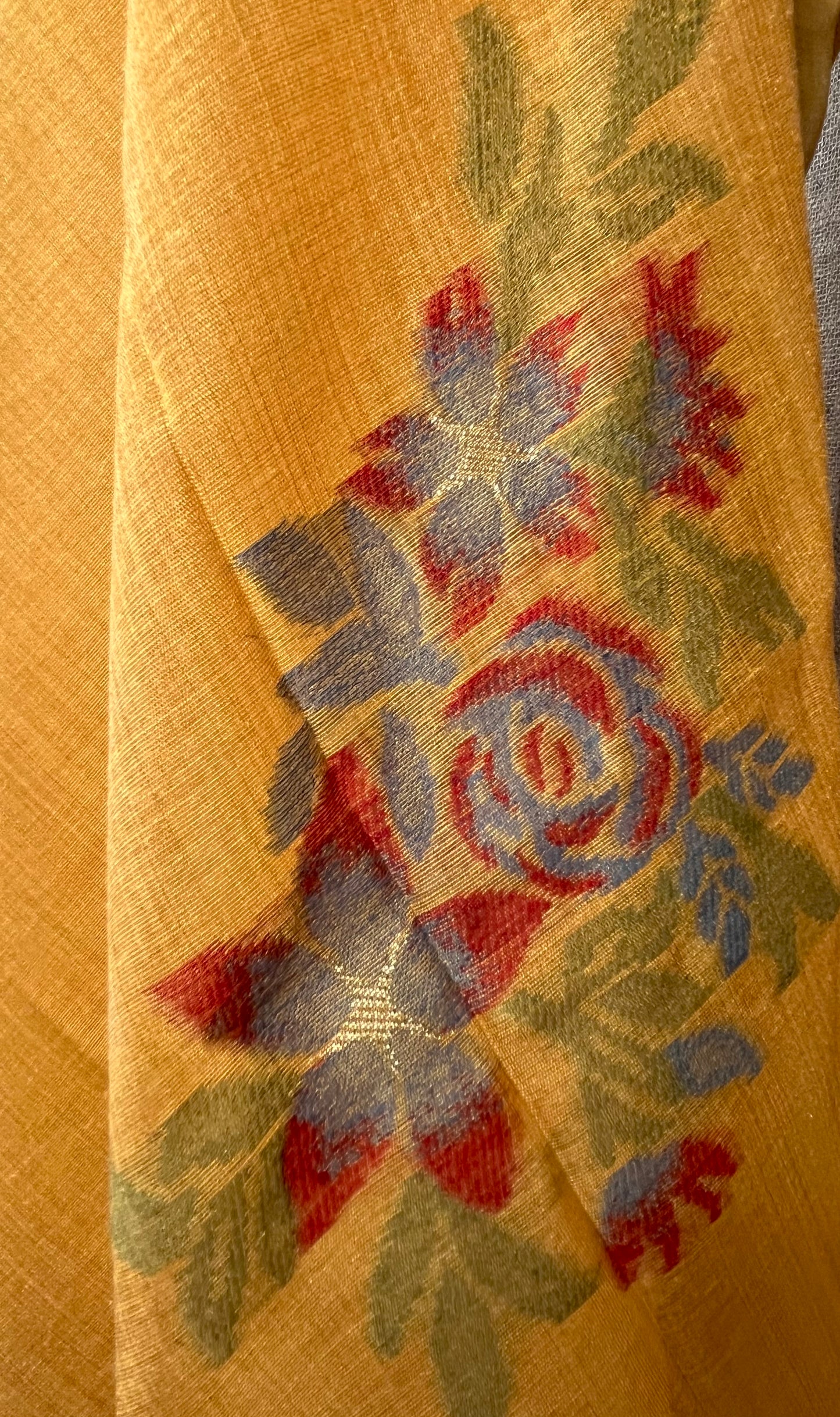 MUSTARD COLOUR JAMDANI MUSLIN SAREE WITH CONTRAST BLOUSE