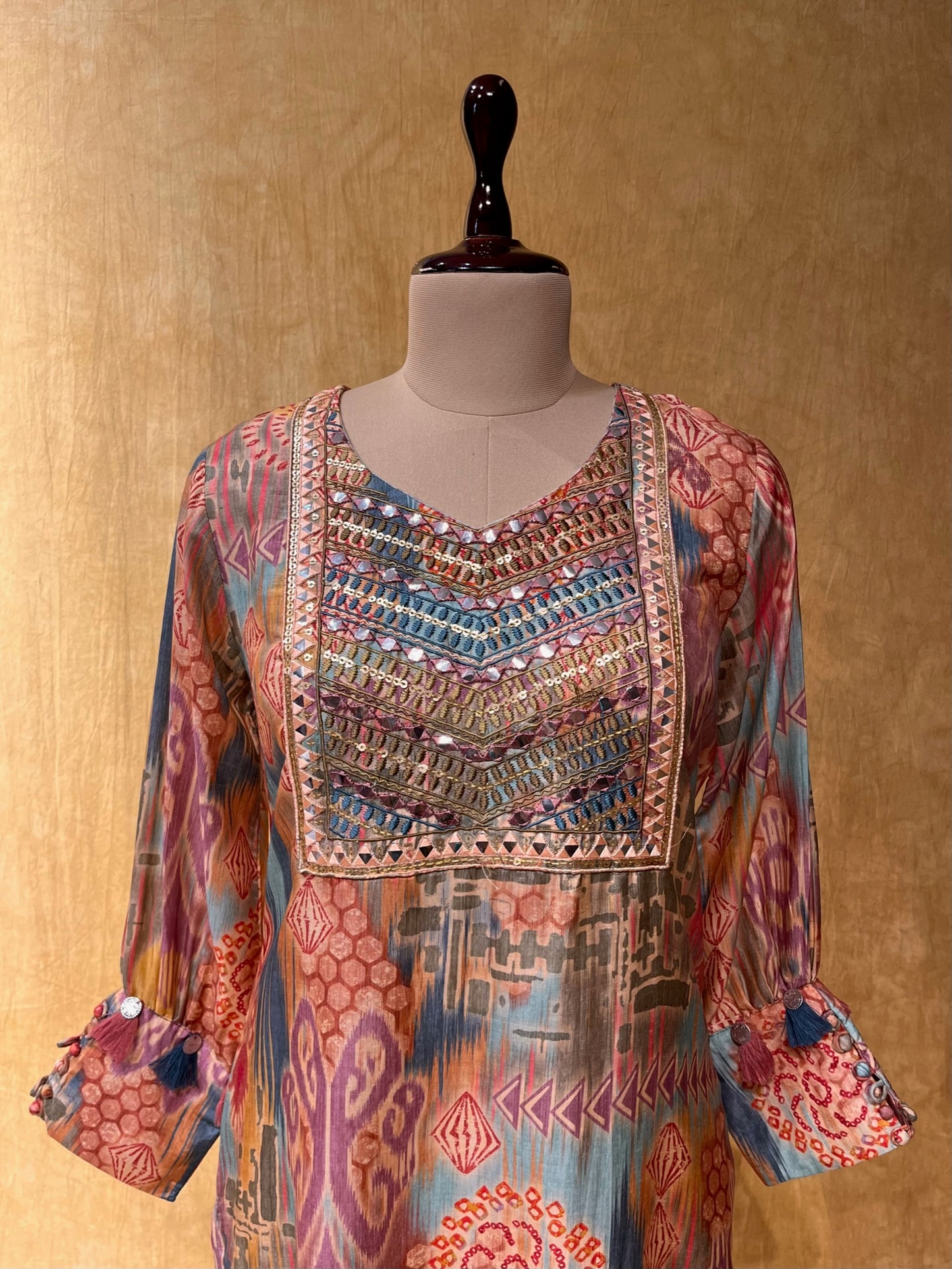 MULTI COLOUR MUSLIN SILK EMBROIDERED KURTA SETS WITH SLING BAG EMBELLISHED WITH MIRROR WORK