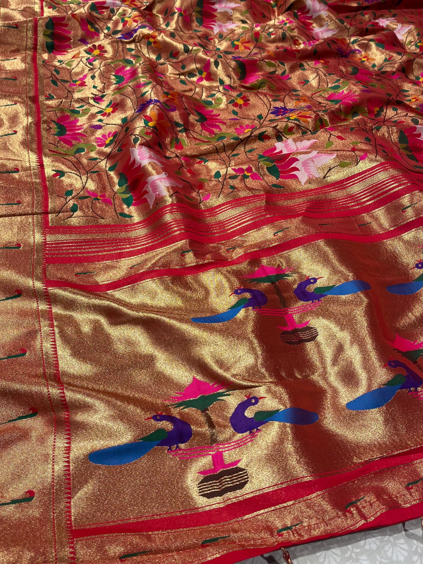 RED COLOR SEMI SILK TISSUE PAITHANI SAREE EMBELLISHED WITH ZARI WEAVES ( TRADITIONAL PAITHANI SILK SAREE )