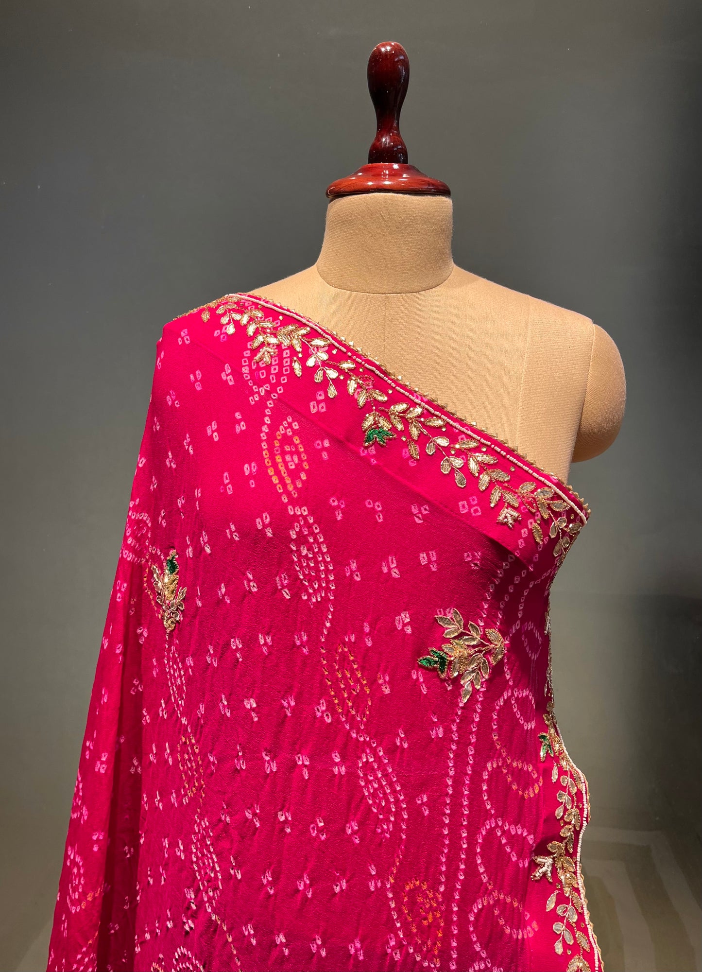 ( DELIVERY IN 20-25 DAYS ) GREEN COLOUR PURE OJARIYA BANDHEJ LEHENGA WITH UNSTITCHED BLOUSE EMBELLISHED WITH CUTDANA, GOTA PATTI & ZARDOZI WORK
