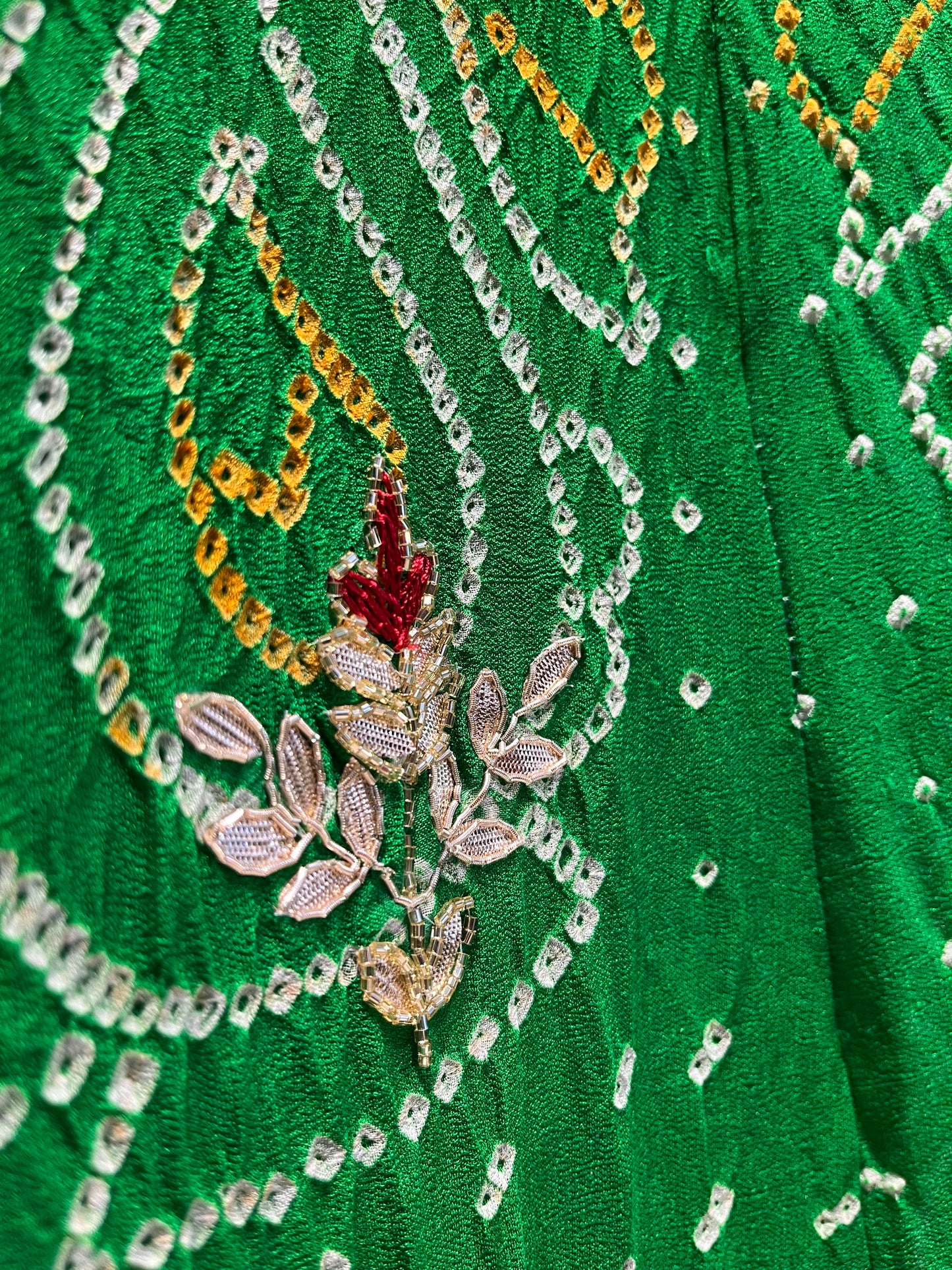 ( DELIVERY IN 20-25 DAYS ) GREEN COLOUR PURE OJARIYA BANDHEJ LEHENGA WITH UNSTITCHED BLOUSE EMBELLISHED WITH CUTDANA, GOTA PATTI & ZARDOZI WORK