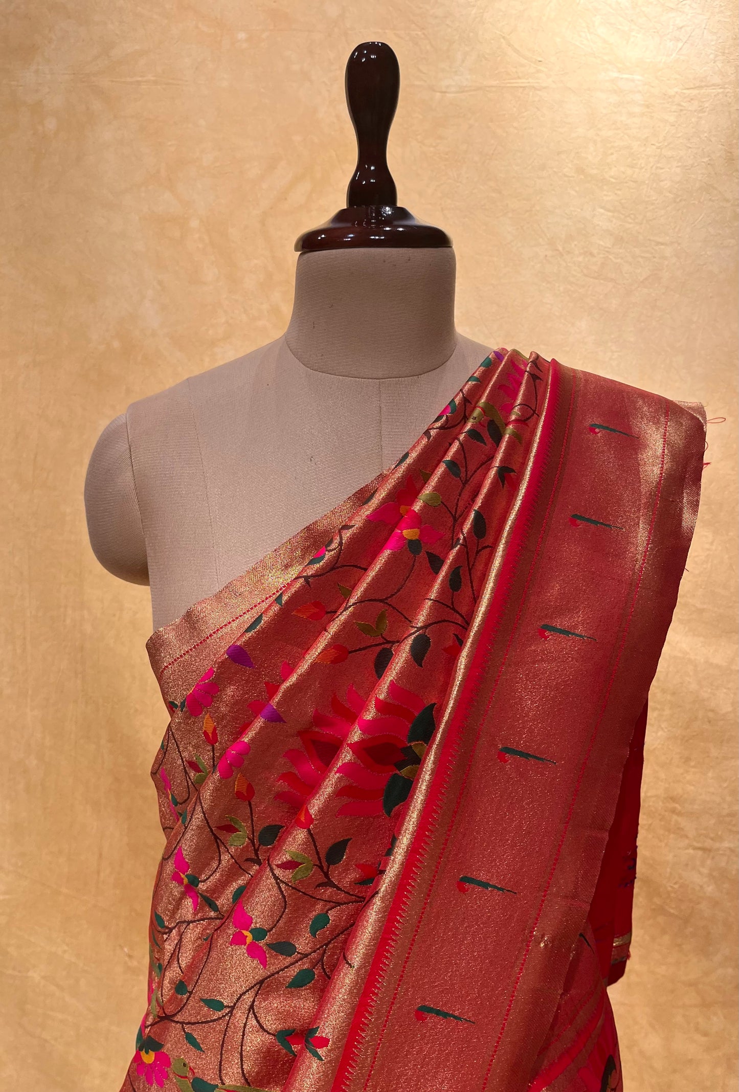 RED COLOR SEMI SILK TISSUE PAITHANI SAREE EMBELLISHED WITH ZARI WEAVES ( TRADITIONAL PAITHANI SILK SAREE )
