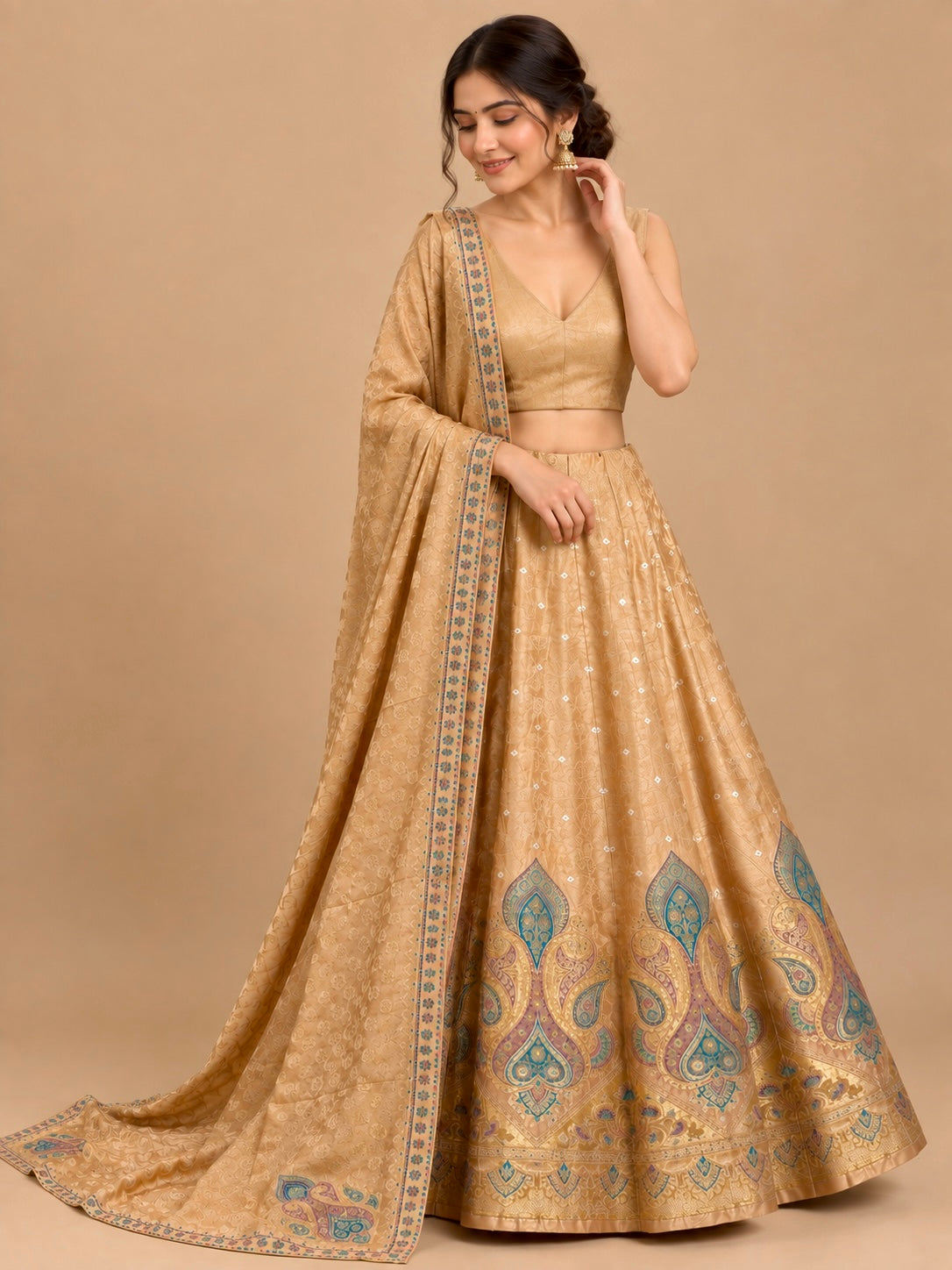 BEIGE COLOUR BANARASI LEHENGA WITH DUPATTA & MONOTONE UNSTITCHED BLOUSE EMBELLISHED WITH ZARI WEAVE BY SIDDHAIKA