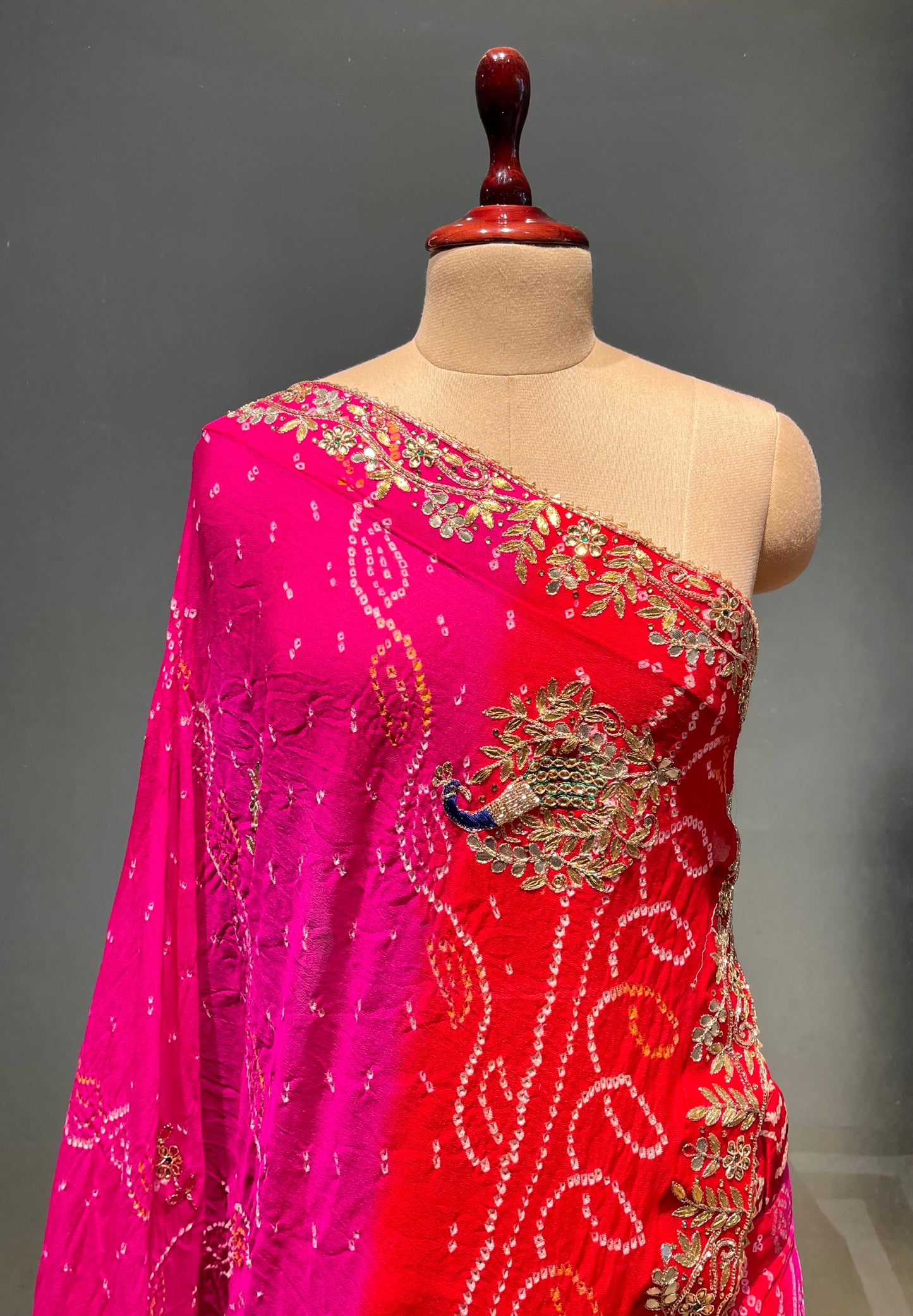 ( DELIVERY IN 20-25 DAYS ) ORANGE & PINK COLOUR PURE OJARIYA BANDHEJ LEHENGA WITH UNSTITCHED BLOUSE EMBELLISHED WITH GOTA PATTI, CUTDANA & ZARDOZI WORK