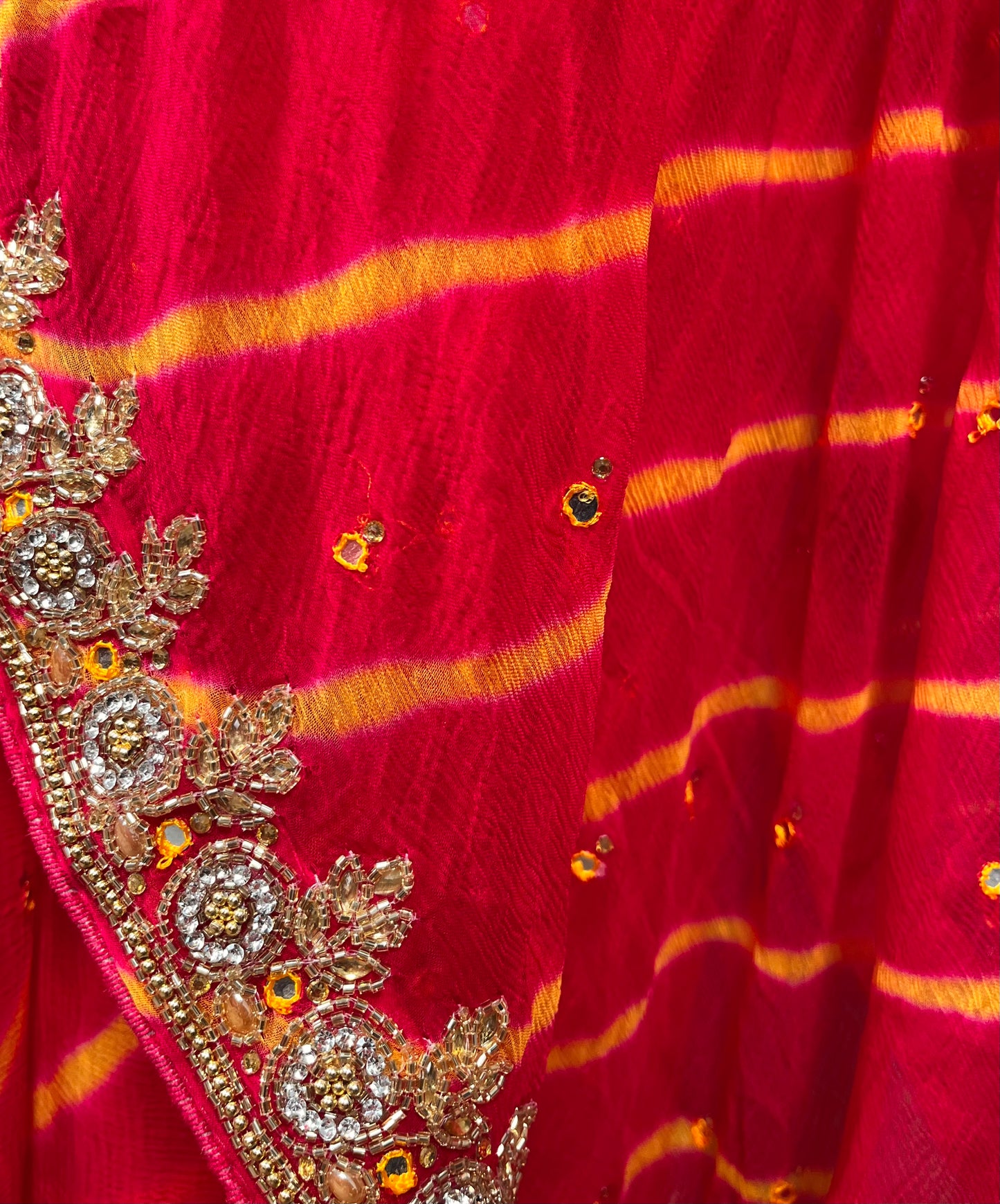 ( DELIVERY IN 30 DAYS ) HOT PINK COLOUR CHIFFON LEHARIYA SAREE EMBELLISHED WITH CUTDANA WORK