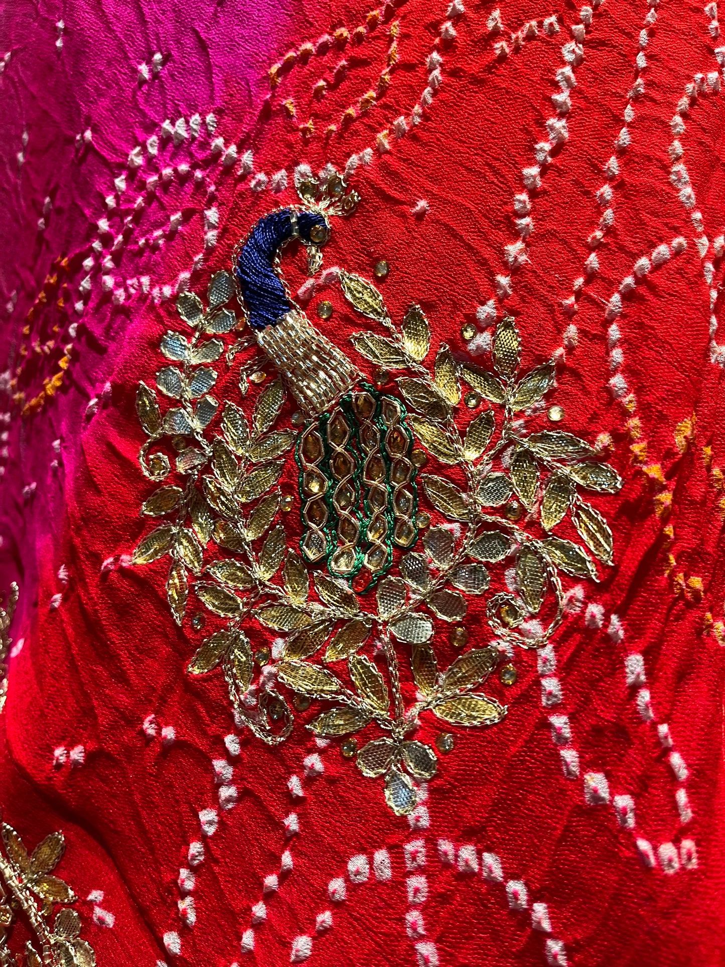 ( DELIVERY IN 20-25 DAYS ) ORANGE & PINK COLOUR PURE OJARIYA BANDHEJ LEHENGA WITH UNSTITCHED BLOUSE EMBELLISHED WITH GOTA PATTI, CUTDANA & ZARDOZI WORK