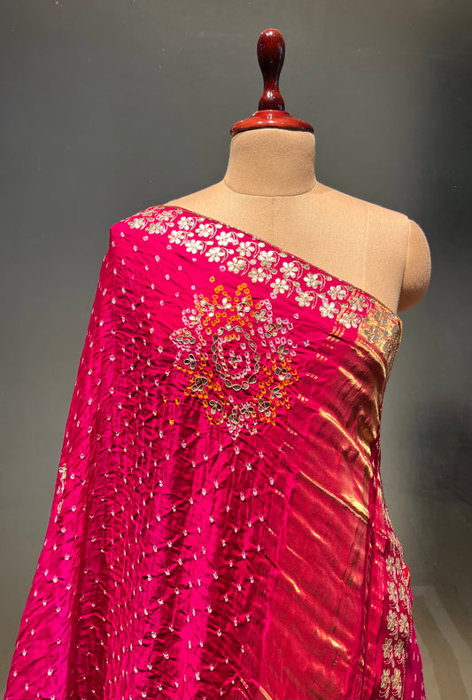 ( DELIVERY IN 15-20 DAYS ) PINK COLOUR SHADED PURE SATIN SILK BANDHEJ LEHENGA WITH UNSTITCHED BLOUSE EMBELLISHED WITH GOTA PATTI & ZARDOZI WORK