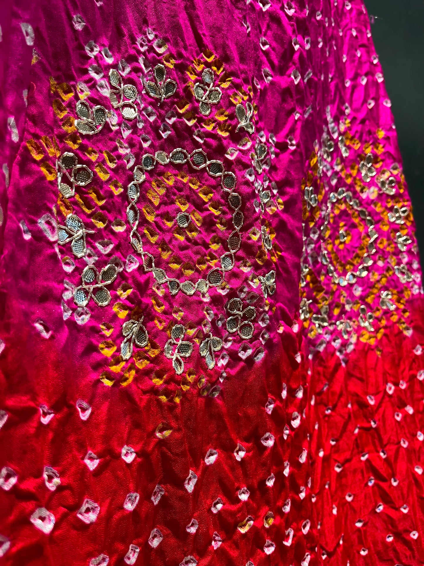 ( DELIVERY IN 15-20 DAYS ) PINK COLOUR SHADED PURE SATIN SILK BANDHEJ LEHENGA WITH UNSTITCHED BLOUSE EMBELLISHED WITH GOTA PATTI & ZARDOZI WORK