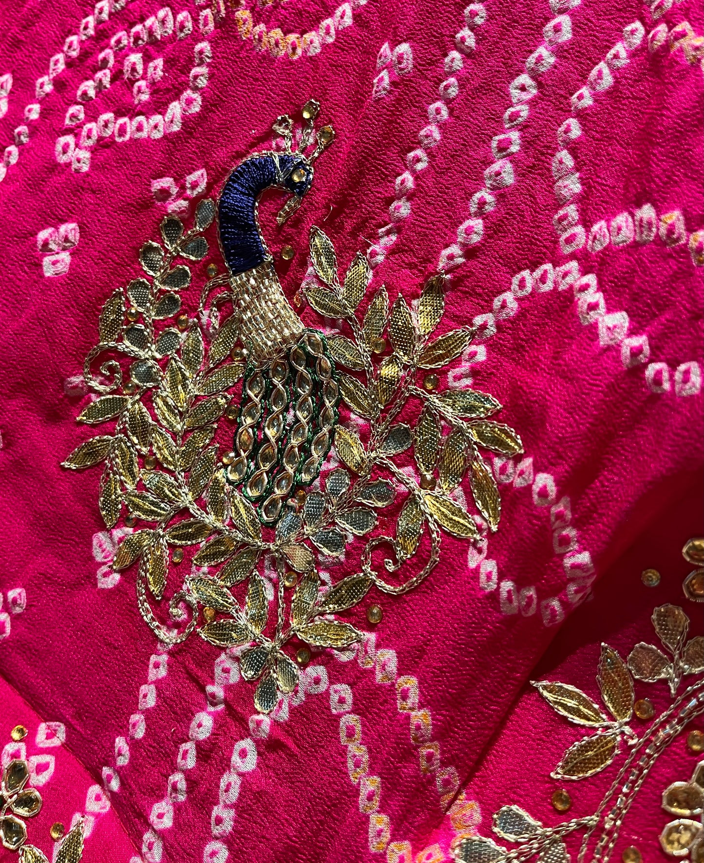 PINK COLOUR PURE OJARIYA BANDHEJ LEHENGA WITH UNSTITCHED BLOUSE EMBELLISHED WITH CUTDANA, GOTA PATTI & ZARDOZI WORK