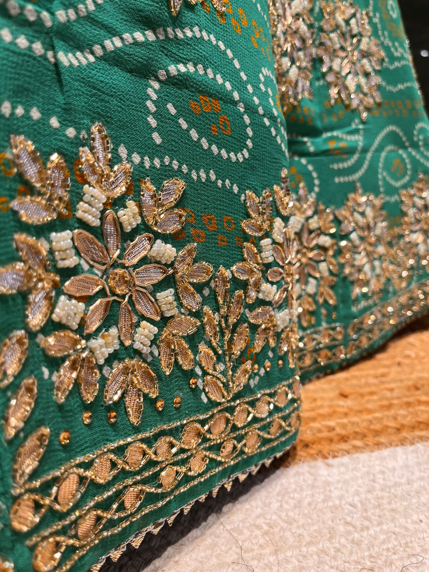 ( DELIVERY IN 20-25 DAYS ) TURQUOISE COLOUE GEORGETTE BANDHANI LEHENGA WITH UNSTITCHED BLOUSE EMBELLISHED WITH CUTDANA & GOTA PATTI WORK