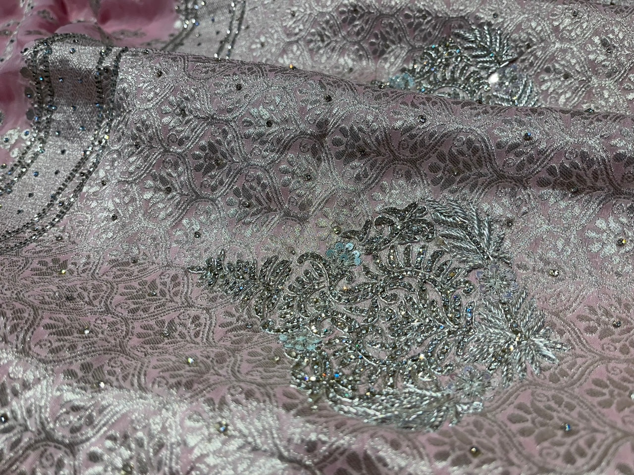( DELIVERY IN 25 DAYS ) BABY PINK COLOUR GEORGETTE BANARASI KHADDI SAREE EMBELLISHED WITH CUTDANA WORK