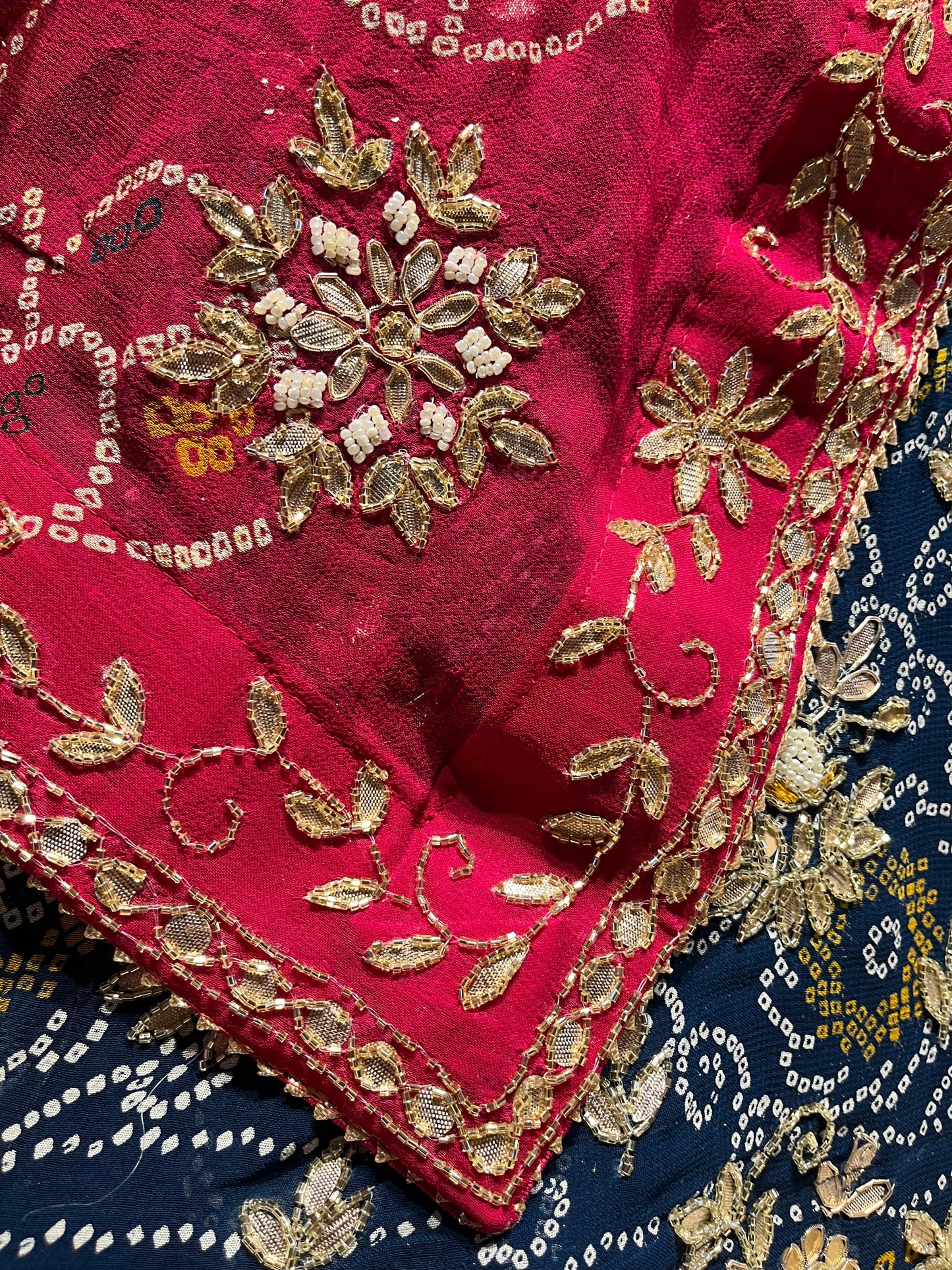 ( DELIVERY IN 20-25 DAYS ) BLUE COLOUR BANDHEJ GEORGETTE LEHENGA WITH UNSTITCHED BLOUSE EMBELLISHED WITH GOTA PATTI & CUTDANA WORK
