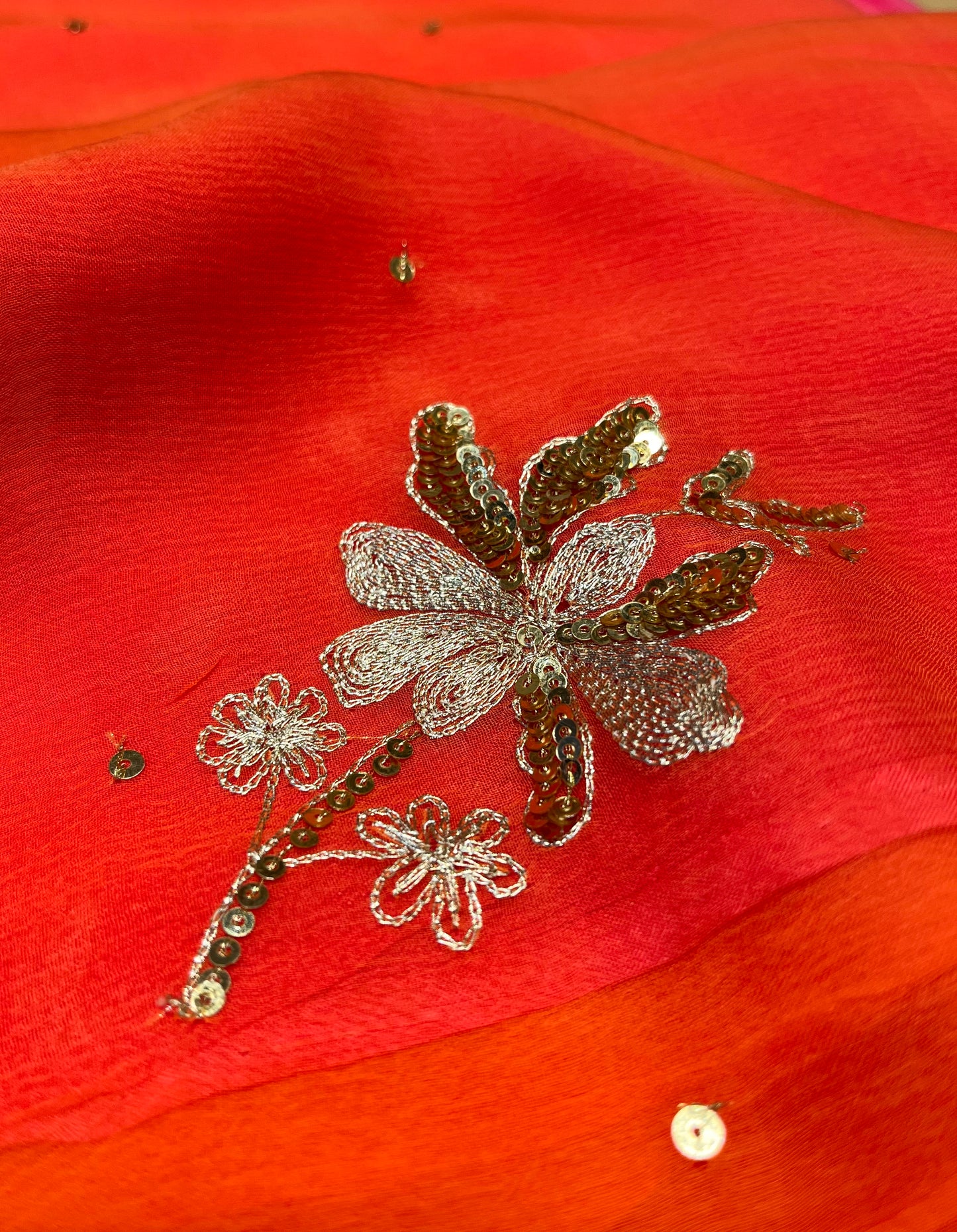 ( DELIVERY IN 30 DAYS ) SHADED CHIFFON HAND EMBROIDERED SAREE EMBELLISHED WITH AARI & SEQUINS WORK