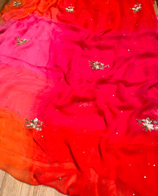 ( DELIVERY IN 30 DAYS ) SHADED CHIFFON HAND EMBROIDERED SAREE EMBELLISHED WITH AARI & SEQUINS WORK