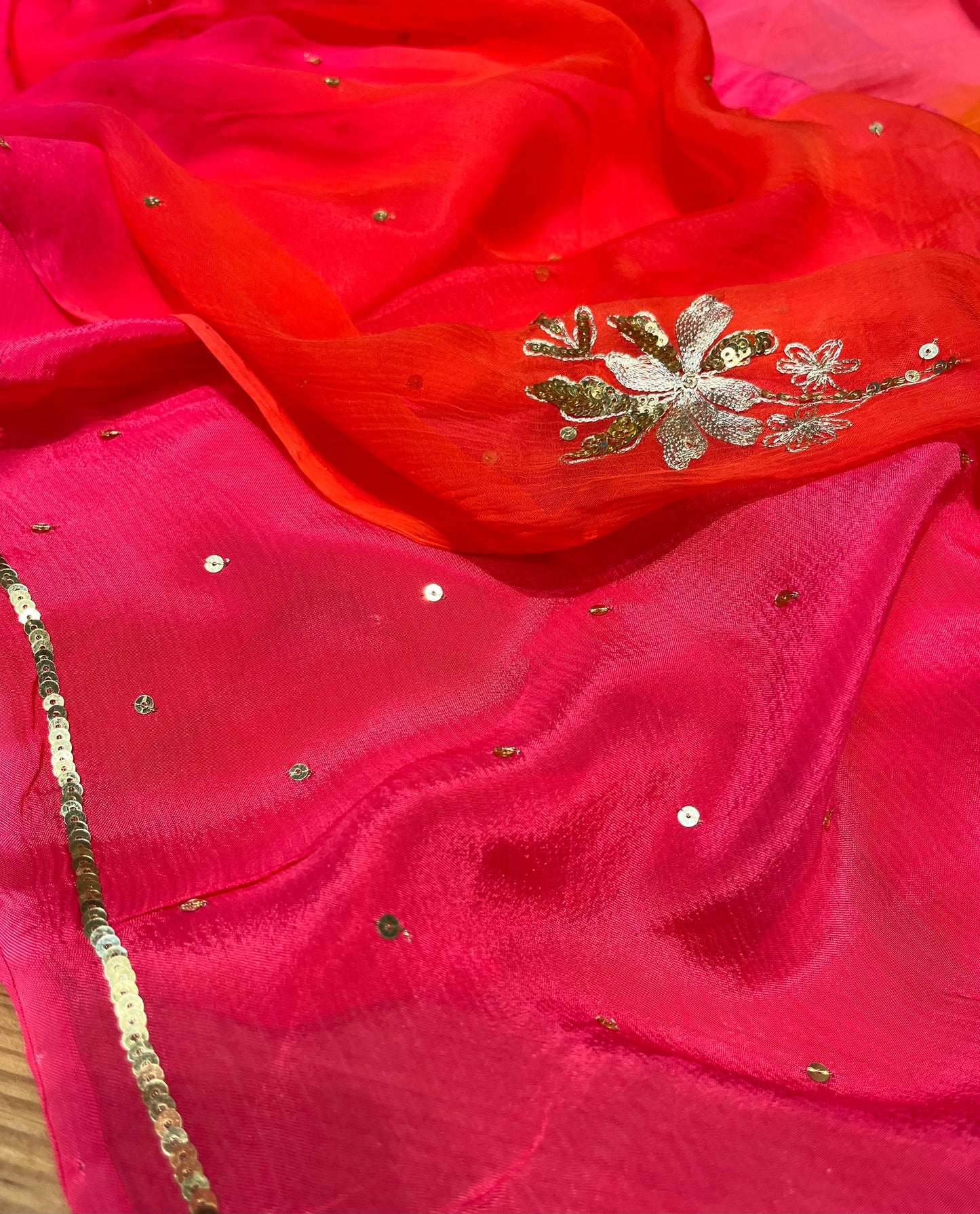 ( DELIVERY IN 30 DAYS ) SHADED CHIFFON HAND EMBROIDERED SAREE EMBELLISHED WITH AARI & SEQUINS WORK