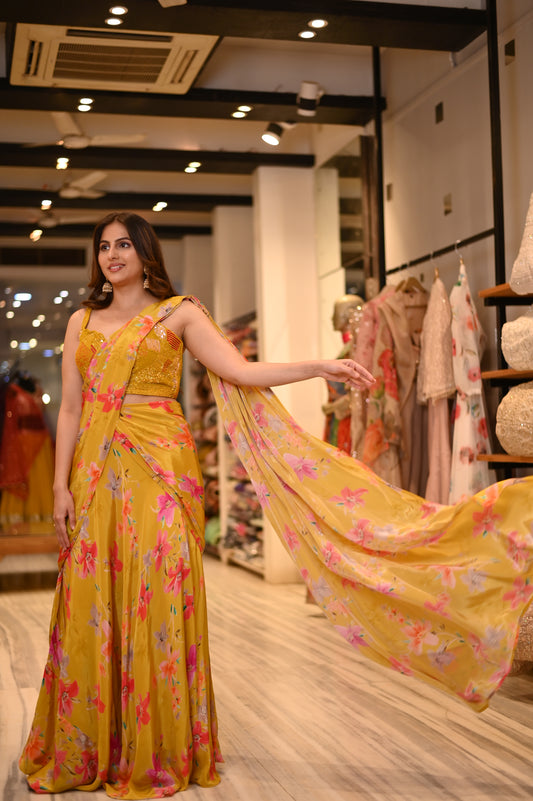 YELLOW COLOUR CREPE SILK SKIRT STYLE DRAPE READYMADE SAREE WITH EMBROIDERED BLOUSE EMBELLISHED WITH CUTDANA, SEQUINS & BEADS WORK