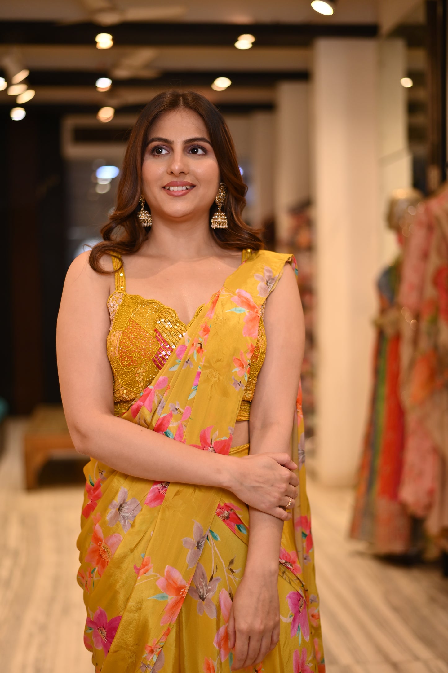 YELLOW COLOUR CREPE SILK SKIRT STYLE DRAPE READYMADE SAREE WITH EMBROIDERED BLOUSE EMBELLISHED WITH CUTDANA, SEQUINS & BEADS WORK