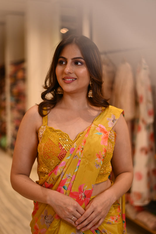 YELLOW COLOUR CREPE SILK SKIRT STYLE DRAPE READYMADE SAREE WITH EMBROIDERED BLOUSE EMBELLISHED WITH CUTDANA, SEQUINS & BEADS WORK