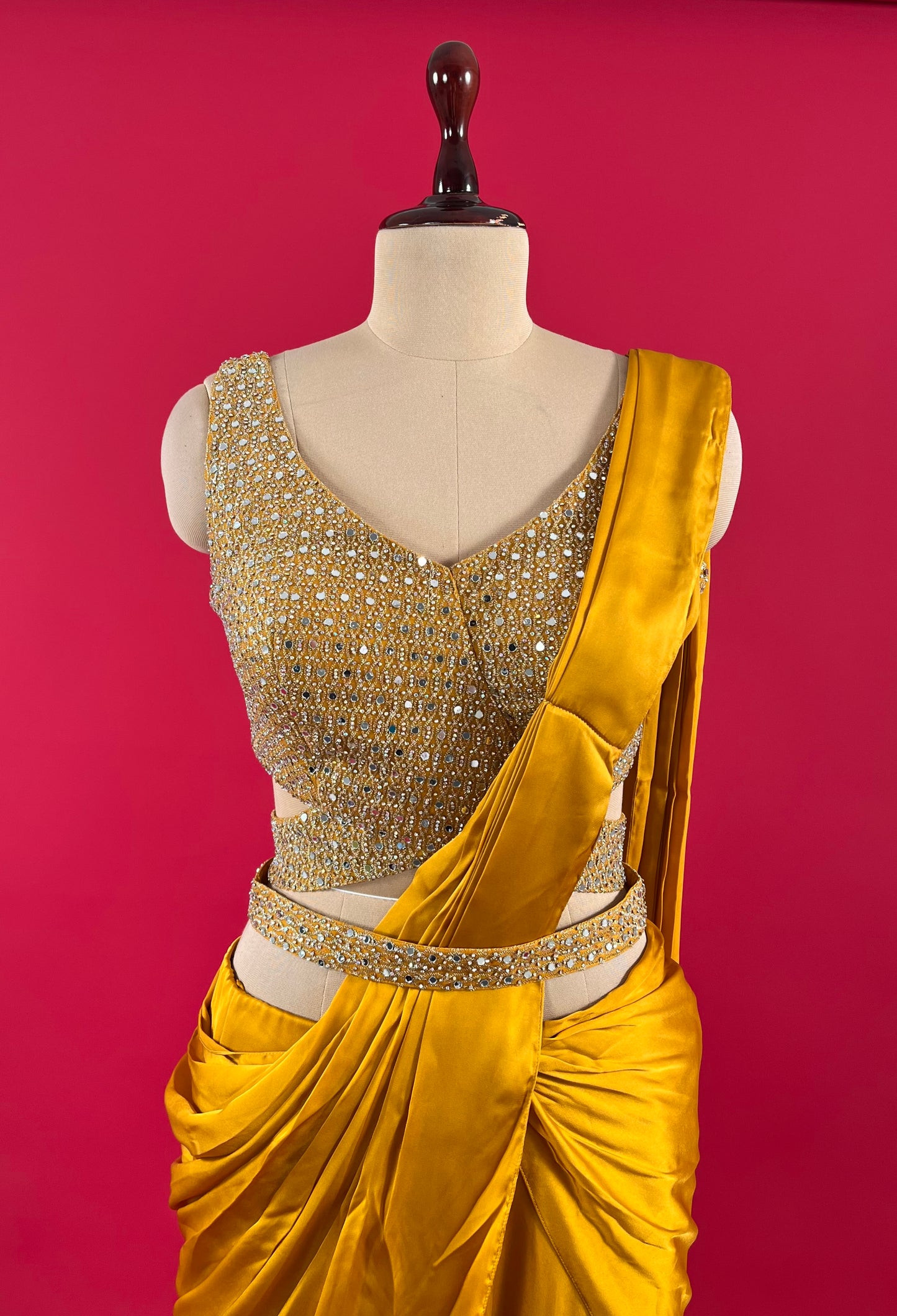 ( DELIVERY IN 15 TO 20 DAYS ) MUSTARD COLOUR SATIN SILK SKIRT STYLE DRAPE SAREE WITH READYMADE EMBROIDERED MIRROR WORK BLOUSE
