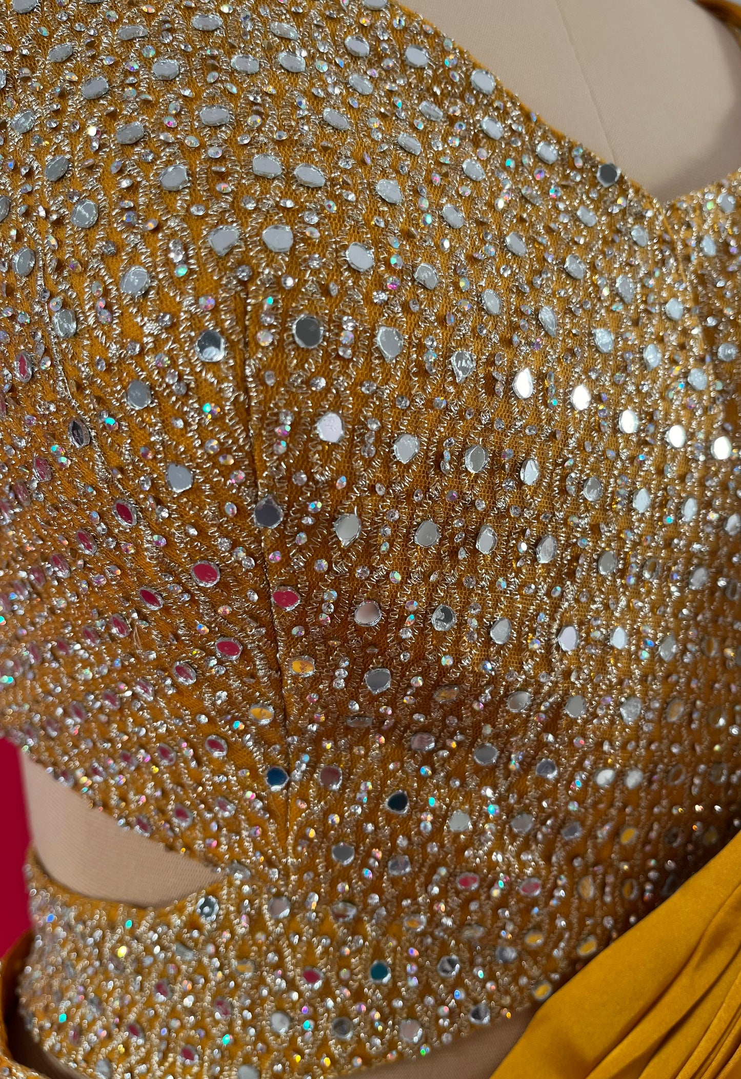 ( DELIVERY IN 15 TO 20 DAYS ) MUSTARD COLOUR SATIN SILK SKIRT STYLE DRAPE SAREE WITH READYMADE EMBROIDERED MIRROR WORK BLOUSE
