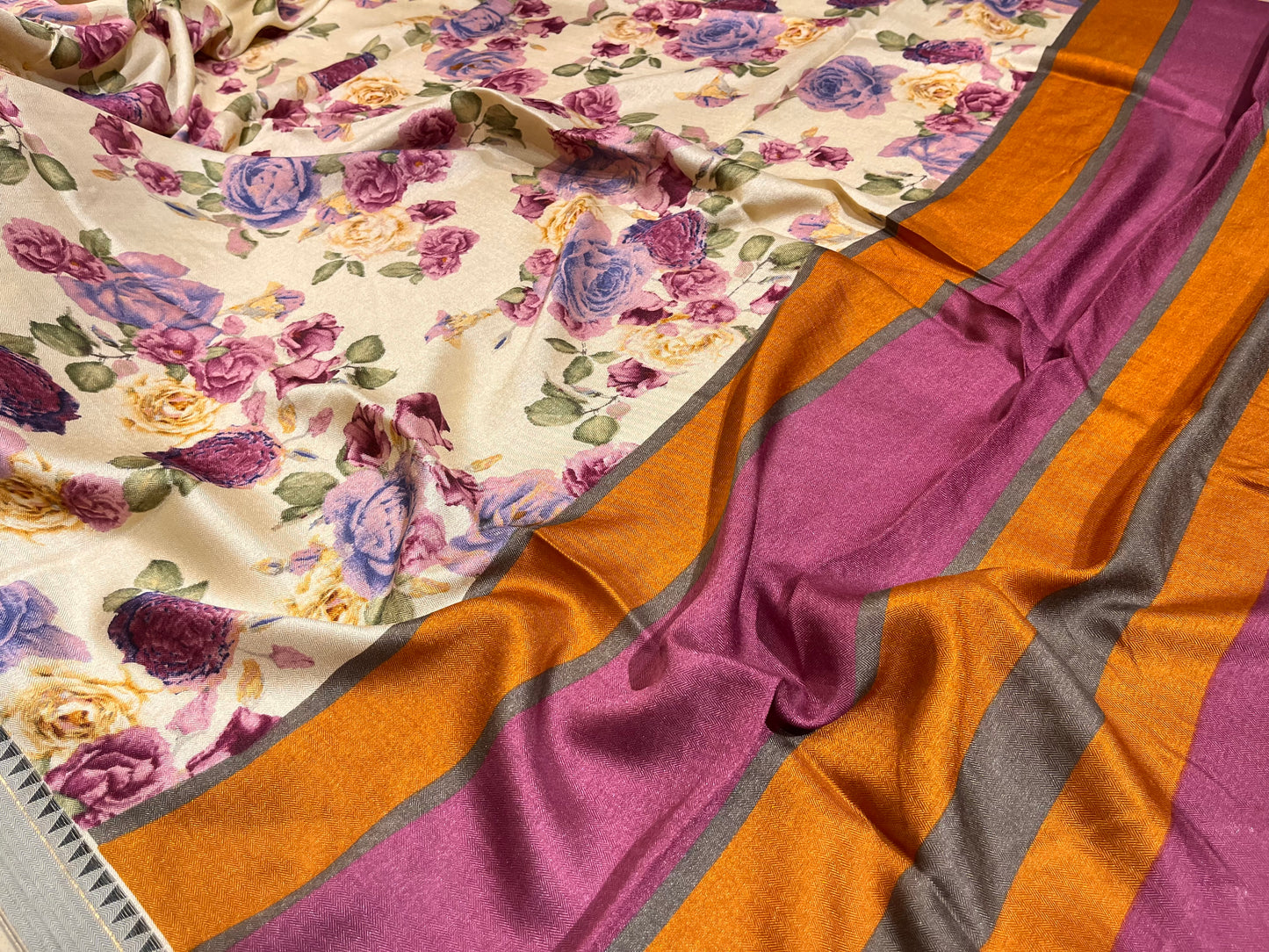 BEIGE COLOR PASHMINA PRINTED SAREE ( KASHMIRI PASHMINA SILK SAREE)