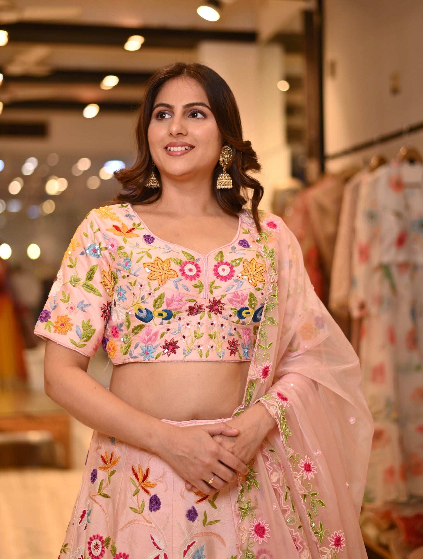 PINK COLOUR SILK EMBROIDERED LEHENGA WITH READYMADE BLOUSE & ORGANZA DUPATTA EMBELLISHED WITH SEQUINS, BEADS & RESHAM EMBROIDERY