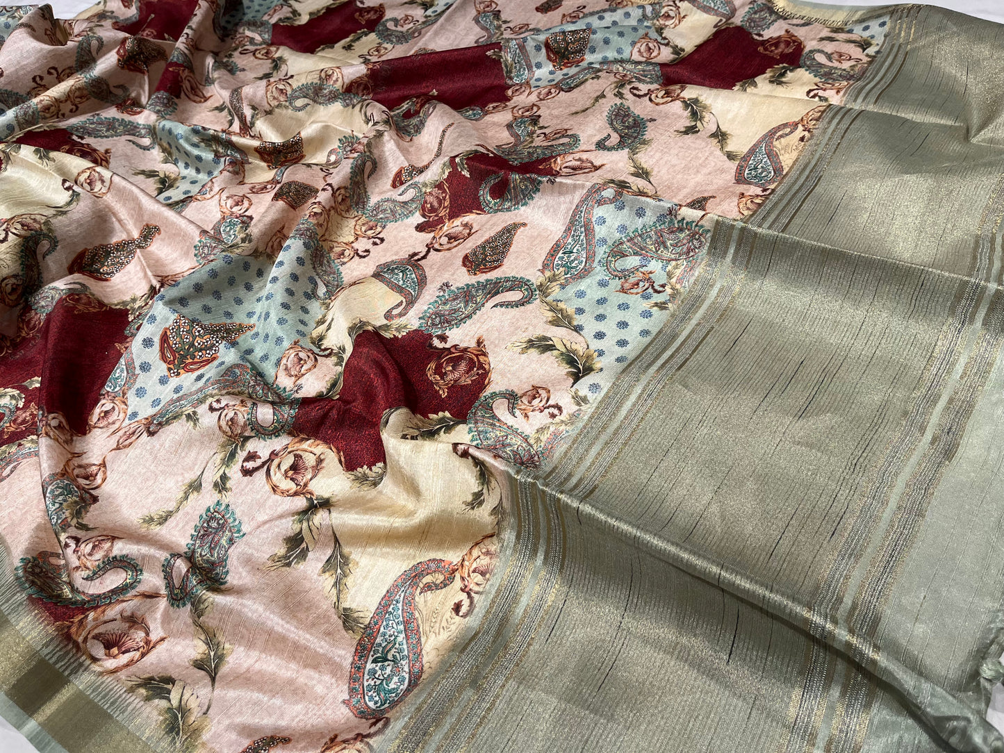 PASTEL PEACH COLOUR SEMI TUSSAR SILK PRINTED SAREE
