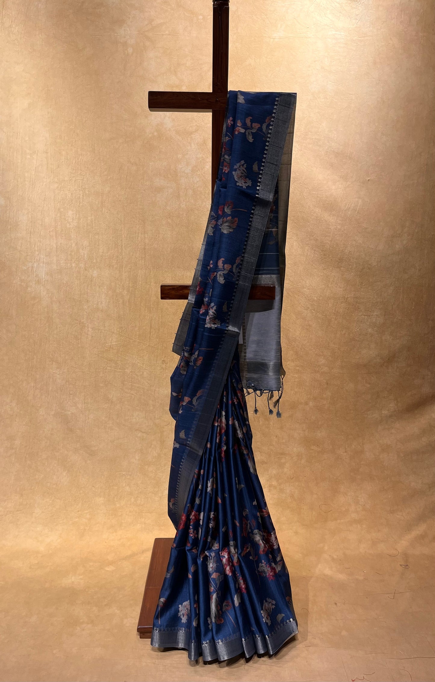 BLUE COLOUR SEMI TUSSAR SILK PRINTED SAREE WITH ZARI BORDER