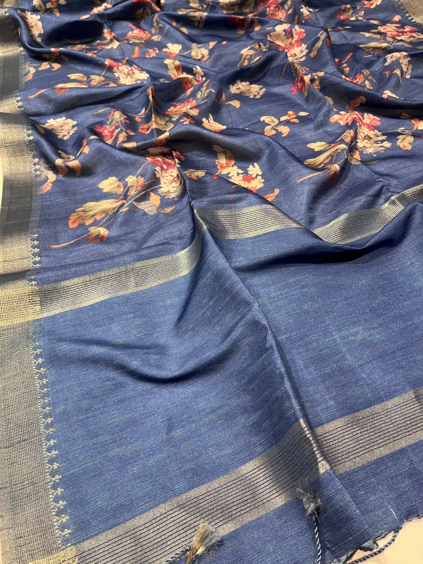 BLUE COLOUR SEMI TUSSAR SILK PRINTED SAREE WITH ZARI BORDER