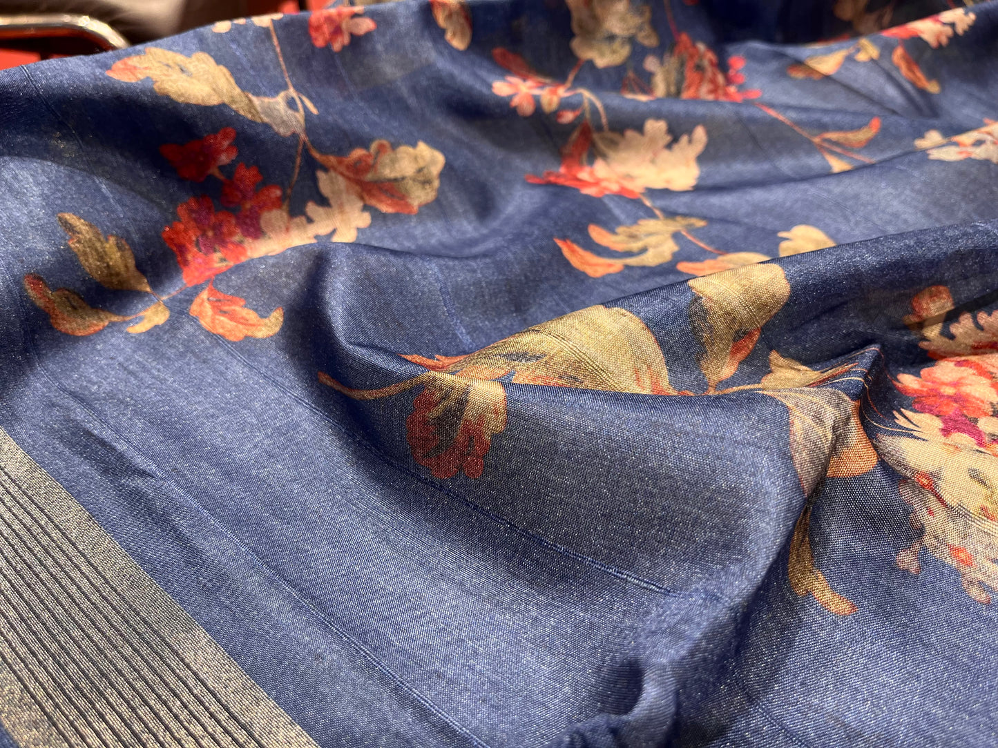 BLUE COLOUR SEMI TUSSAR SILK PRINTED SAREE WITH ZARI BORDER