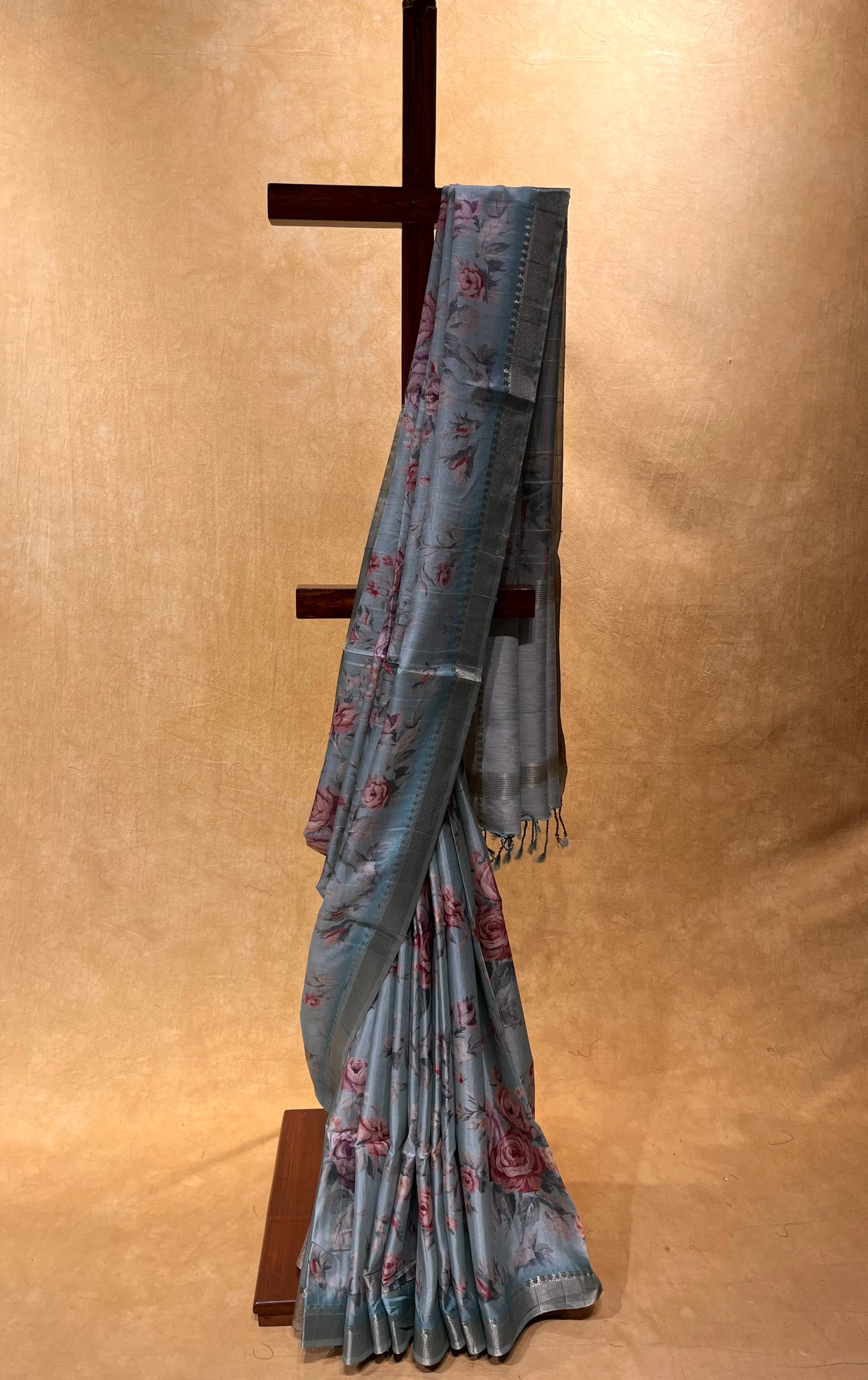 AQUA COLOR SEMI TUSSAR SILK PRINTED SAREE WITH ZARI BORDER